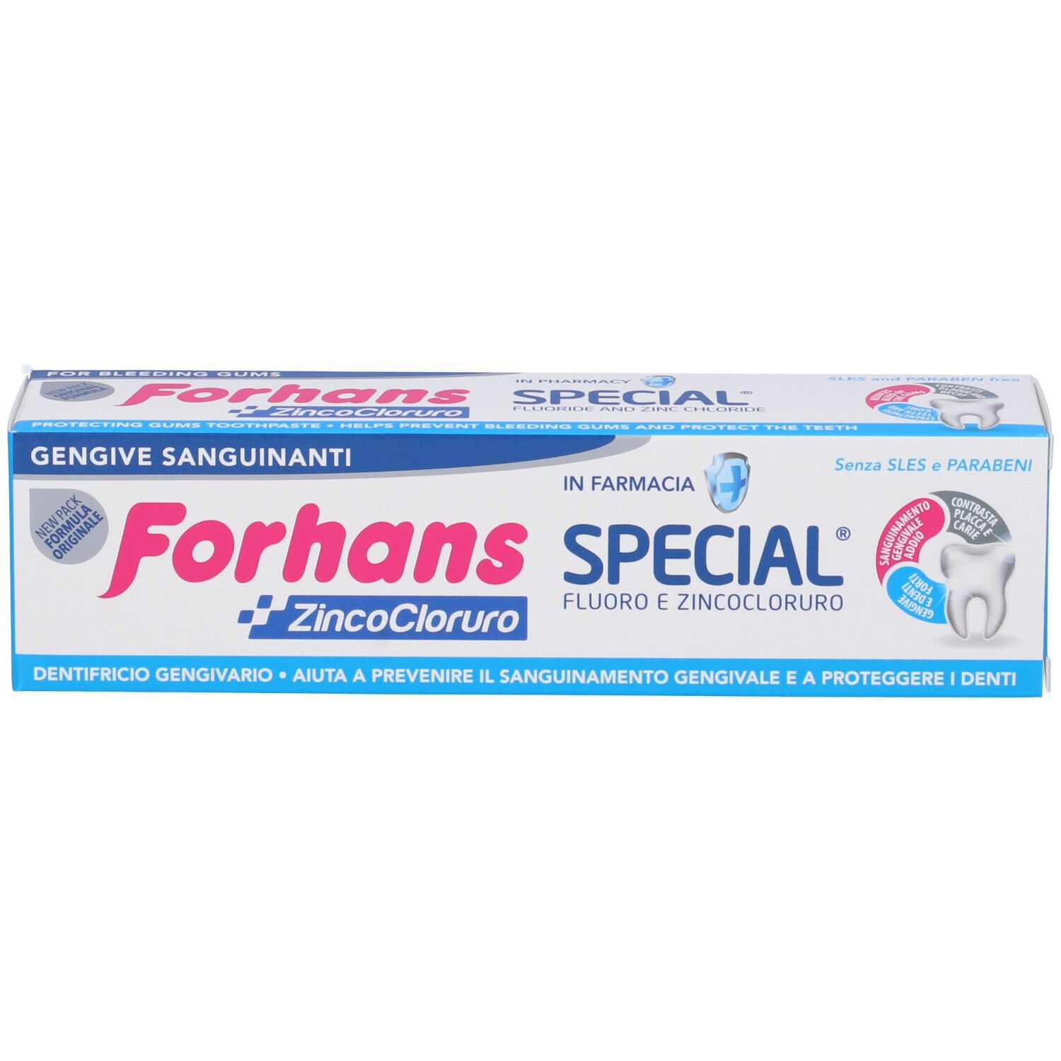 Forhans Special Zahnpasta-Tube mit Zinkochlorid und Fluorid für Zahnfleischbluten.