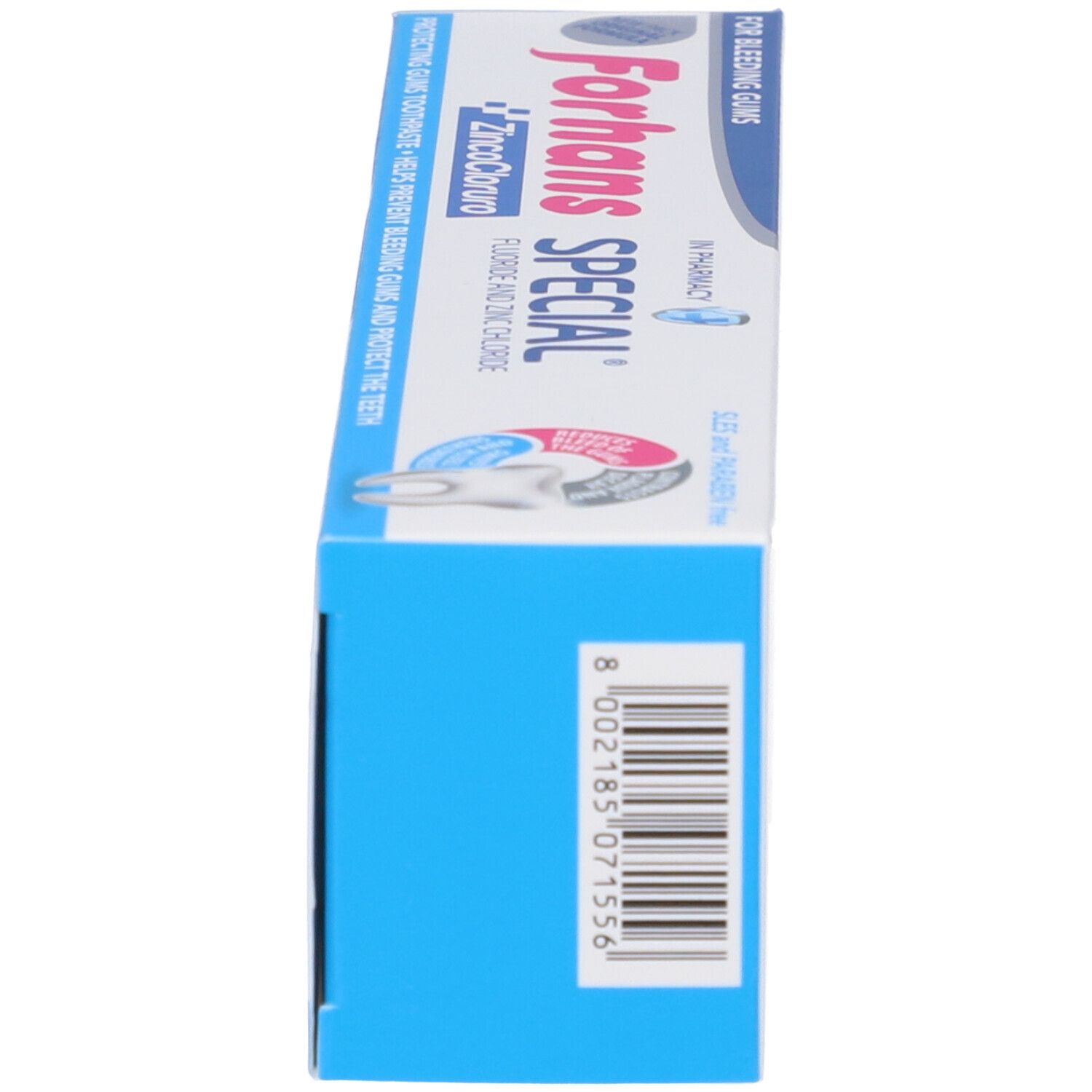 Forhans Special Zahnpasta-Verpackung mit Barcode und Produktinformationen.
