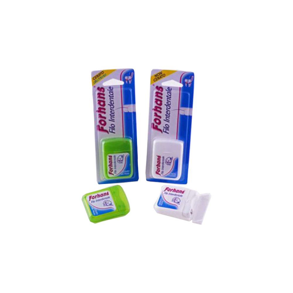 Due confezioni di filo interdentale, verde e bianco, con confezione. Scritta: Forhans Filo Interdentale.