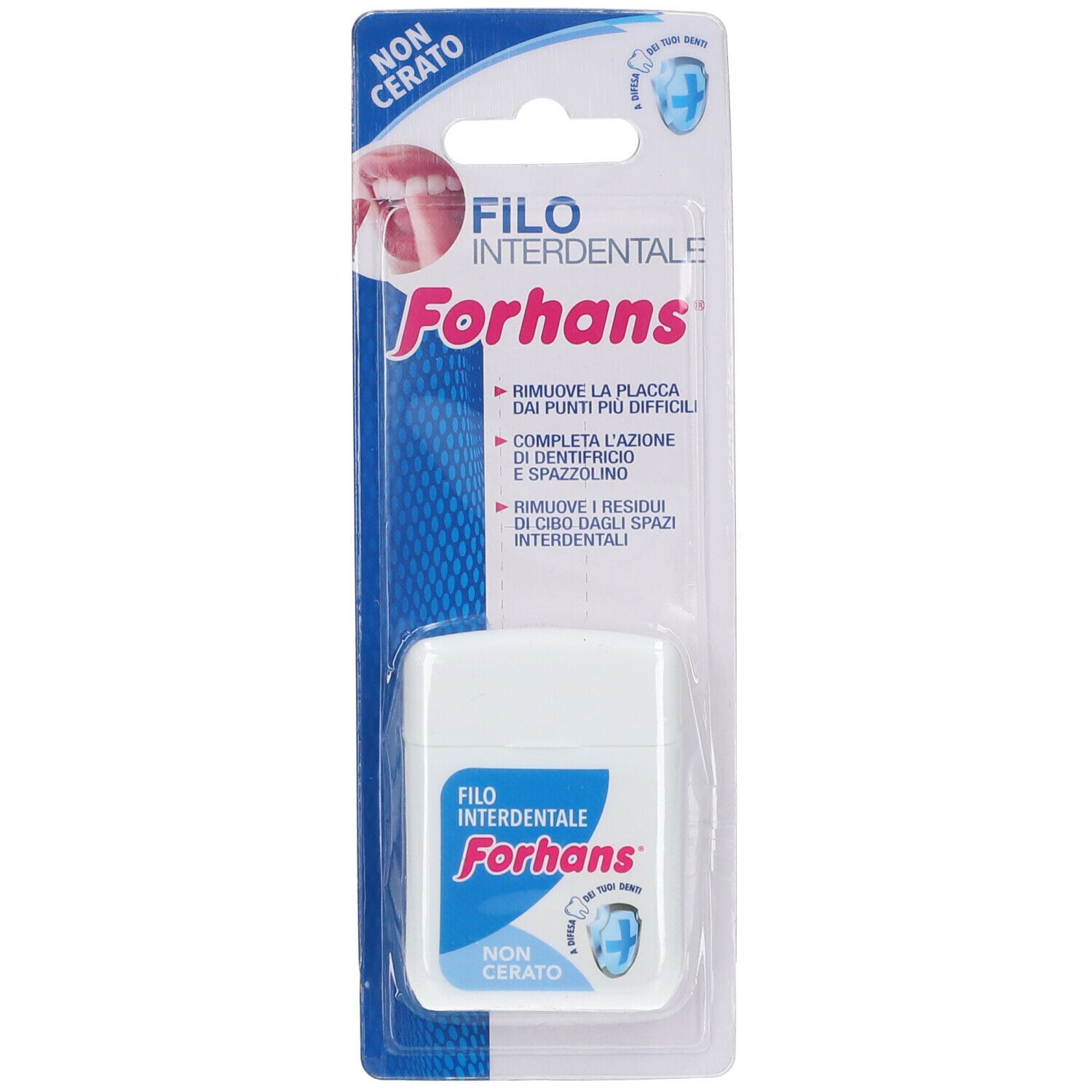 Confezione di filo interdentale bianca in blister. Scritta: Forhans Filo Interdentale, Non Cerato.