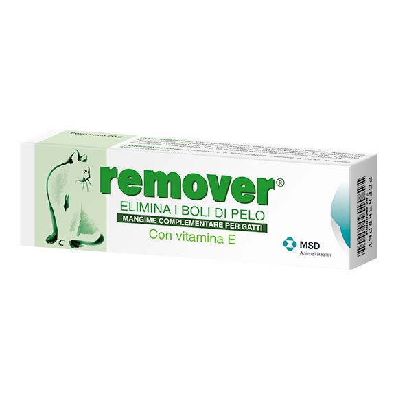Confezione di remover® Pasta. Scatola verde e bianca con silhouette di gatto e informazioni sul prodotto.