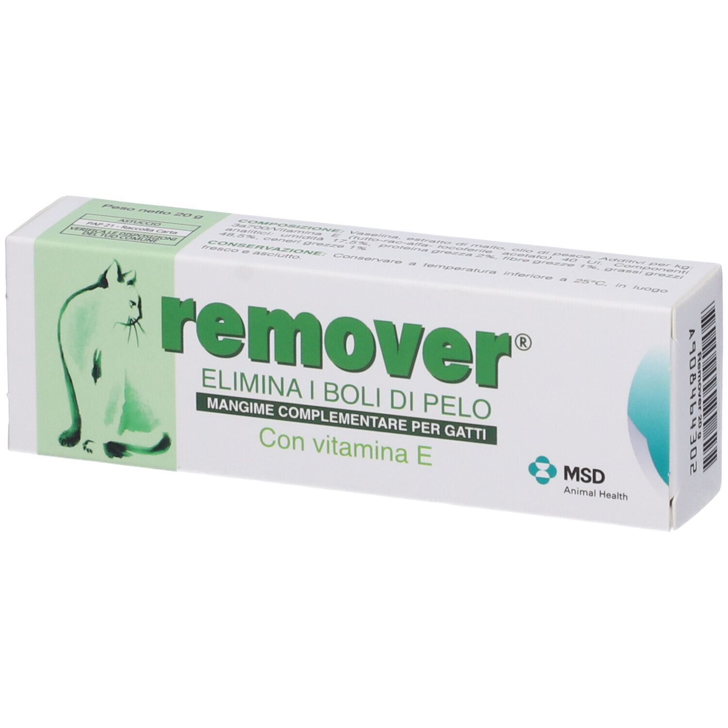 Confezione di remover® Pasta. Scatola verde e bianca con informazioni sul prodotto e silhouette di gatto.