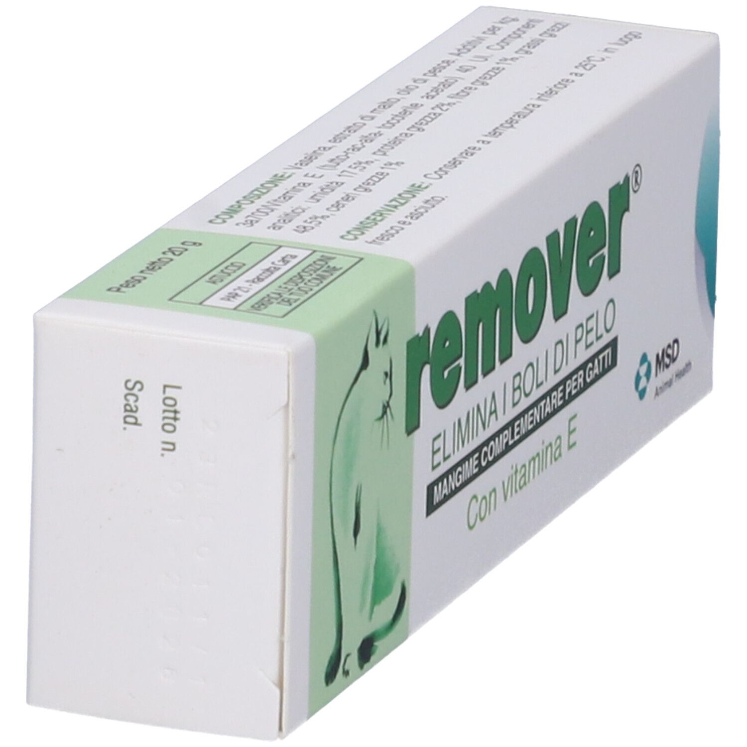 Confezione di remover® Pasta. Scatola con informazioni sul prodotto, silhouette di gatto e testo.