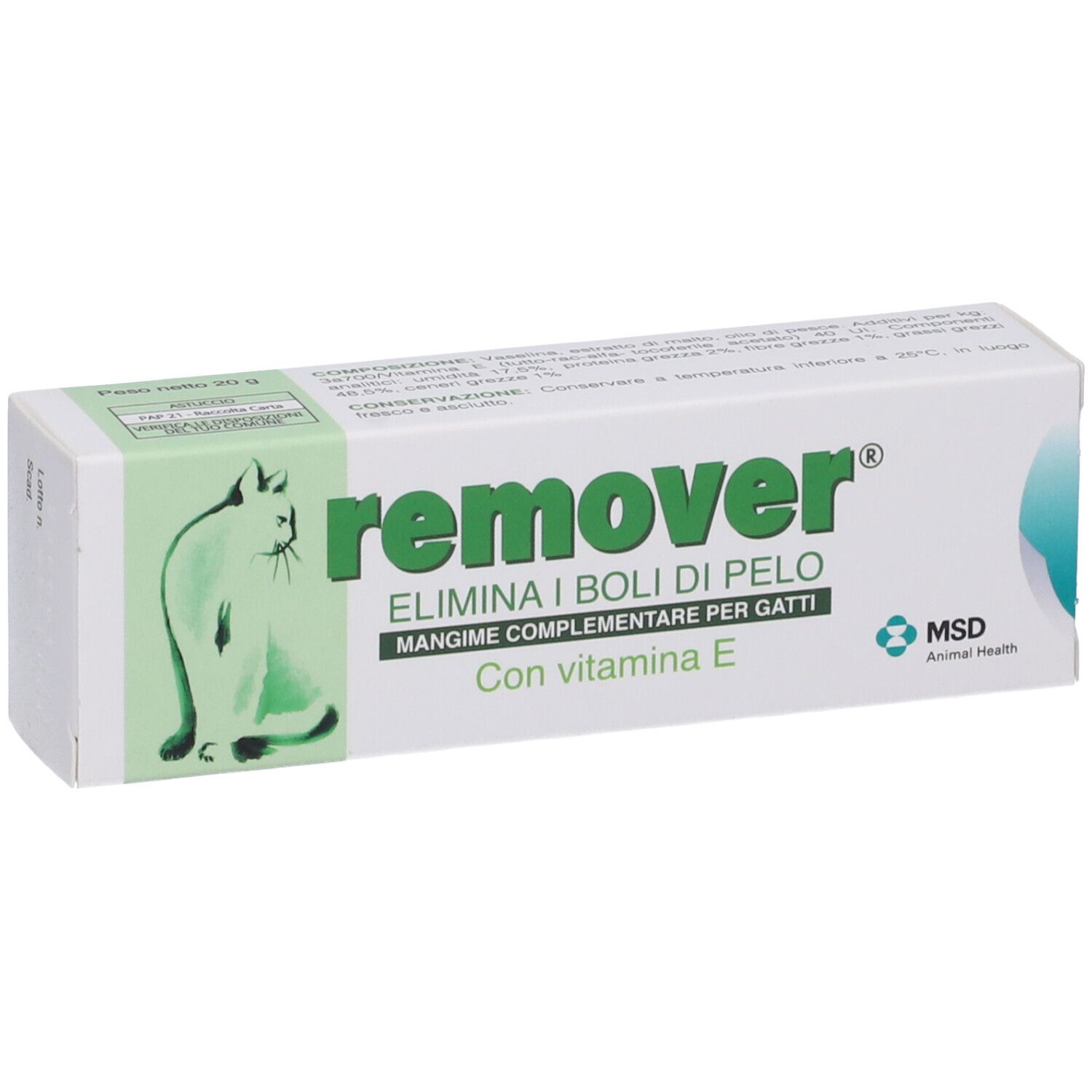 Confezione di remover® Pasta. Scatola verde e bianca con informazioni sul prodotto e silhouette di gatto.