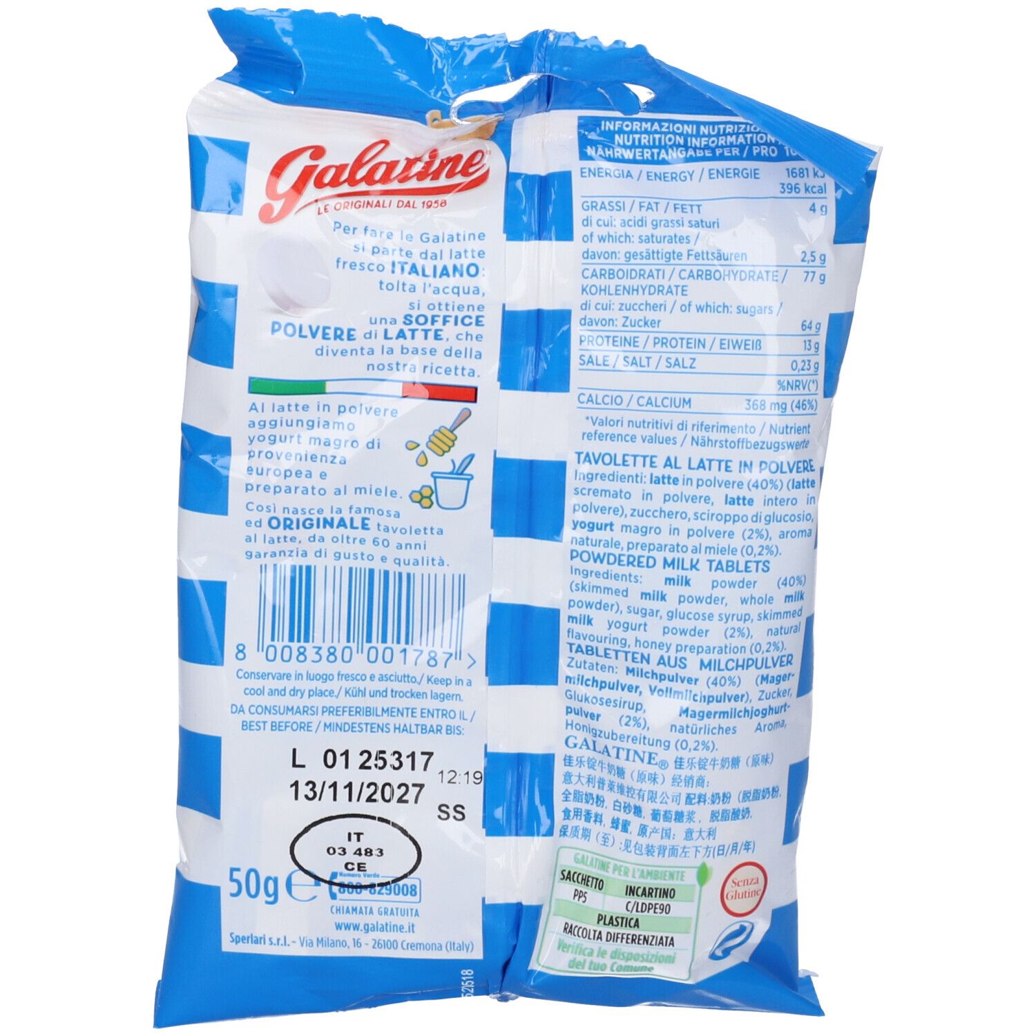 Rückseite der Galatine Latte Verpackung mit Nährwertangaben und Produktinformationen.
