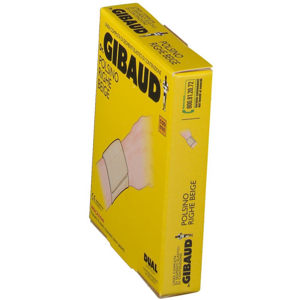 Gelbe Verpackung, Seitenansicht. Aufschrift: Dr. GIBAUD Polsino Righe Beige. Produktabbildung. Text und Telefonnummer.