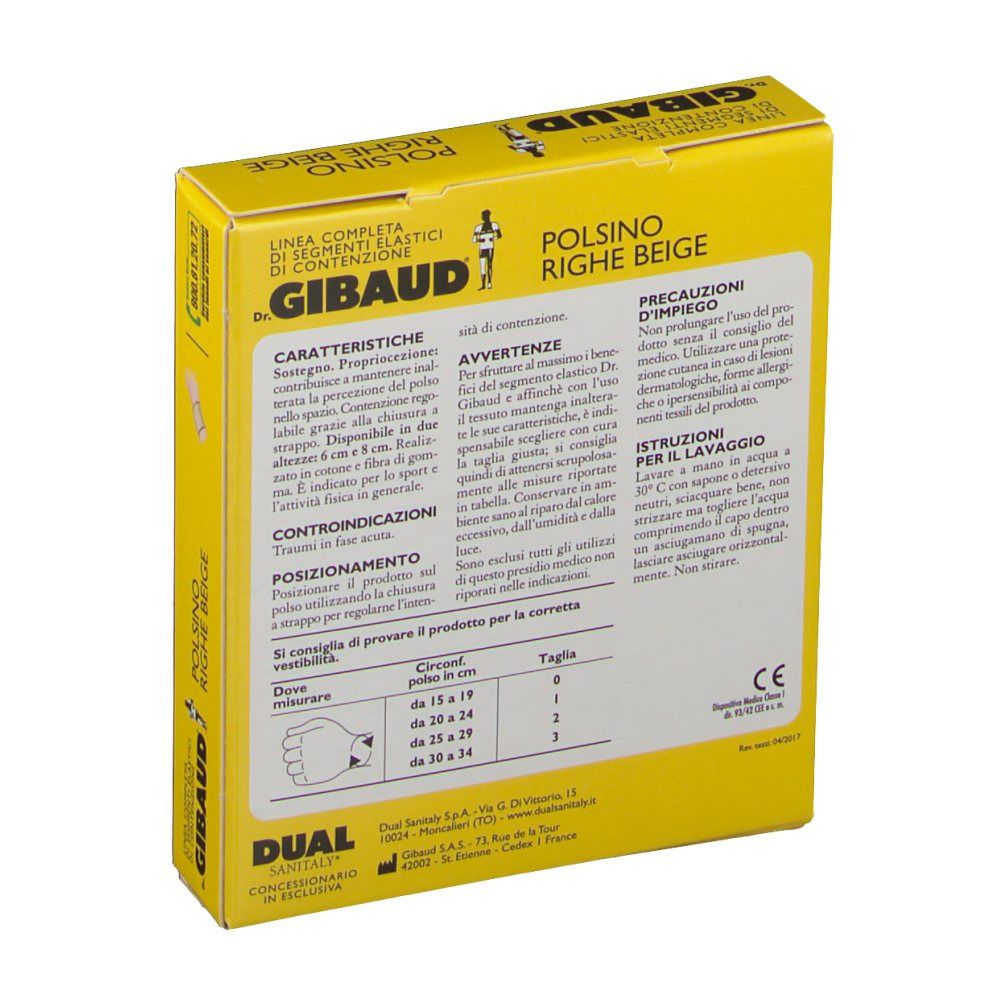 Rückseite der gelben Verpackung. Text in italienischer Sprache. Größenangaben für Handgelenkumfang. CE-Kennzeichnung.