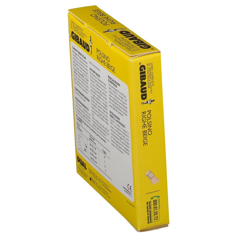 Gelbe Verpackung, Seitenansicht. Text in italienischer Sprache. Produktabbildung. Telefonnummer.