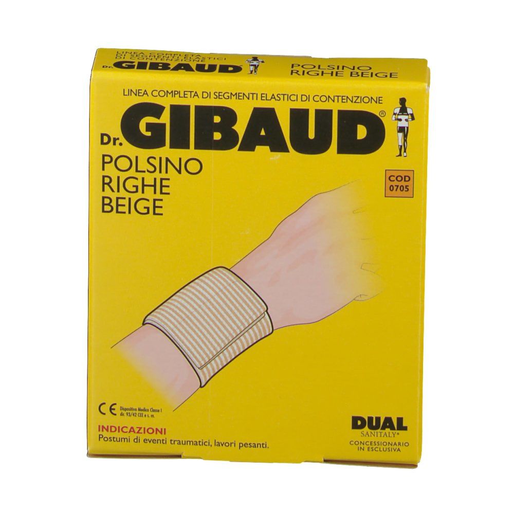 Gelbe Verpackung mit Produktabbildung. Aufschrift: Dr. GIBAUD Polsino Righe Beige. Bandage am Handgelenk. CE-Kennzeichnung.