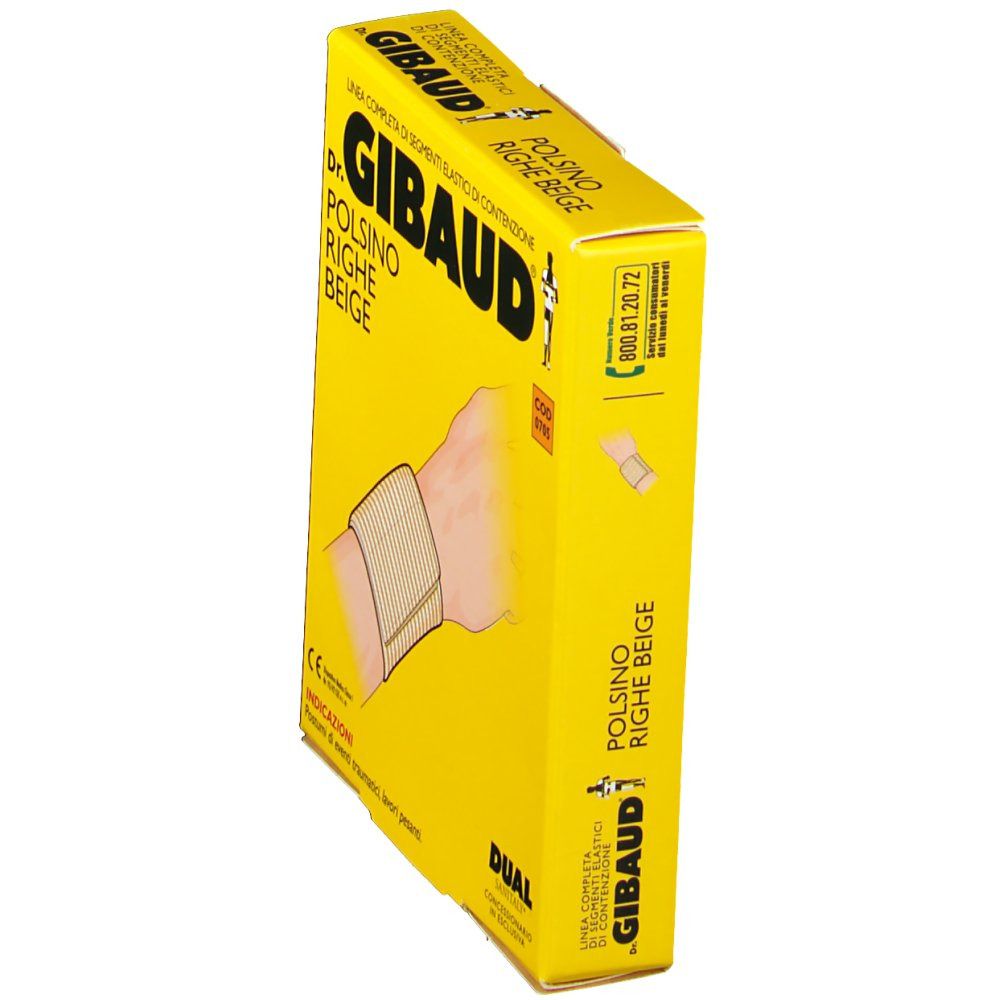 Gelbe Verpackung, schräg gestellt. Aufschrift: Dr. GIBAUD Polsino Righe Beige. Beige Handgelenkbandage abgebildet.