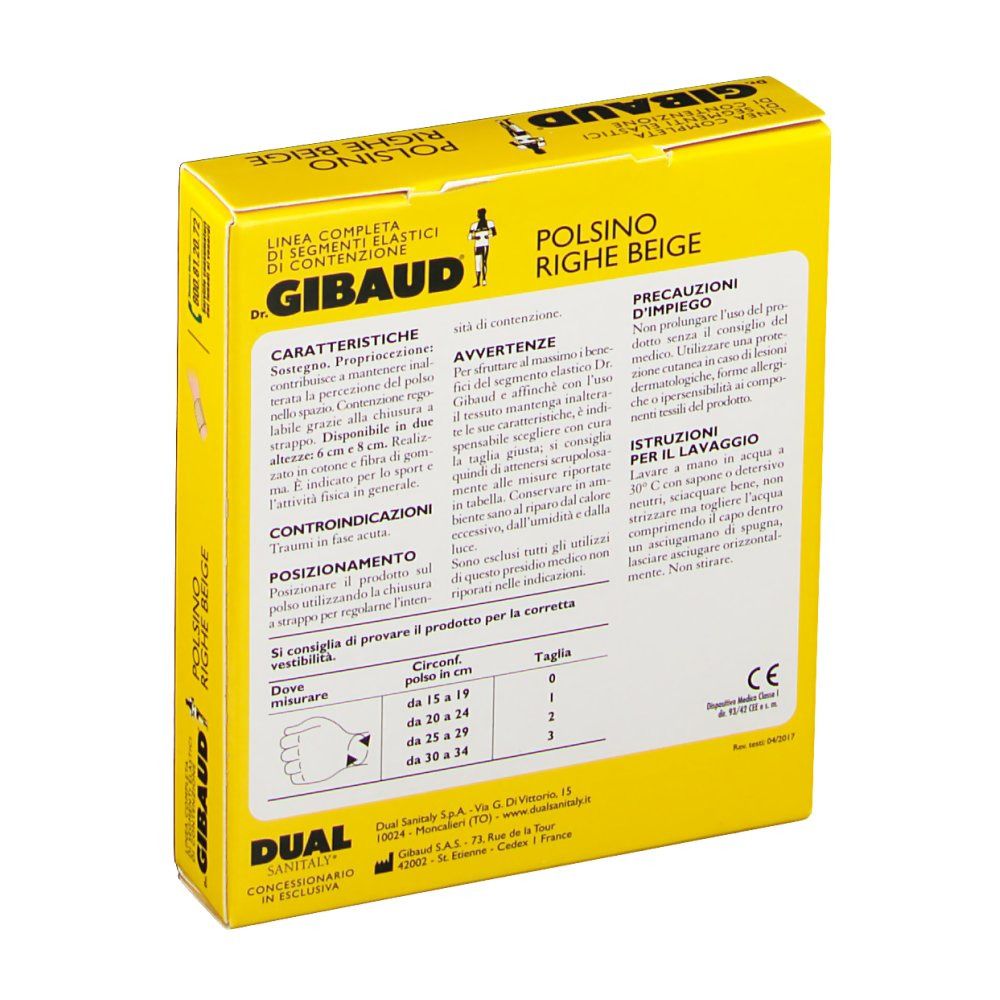 Rückseite der gelben Verpackung. Textinformationen und Größentabelle. Aufschrift: Dr. GIBAUD Polsino Righe Beige.