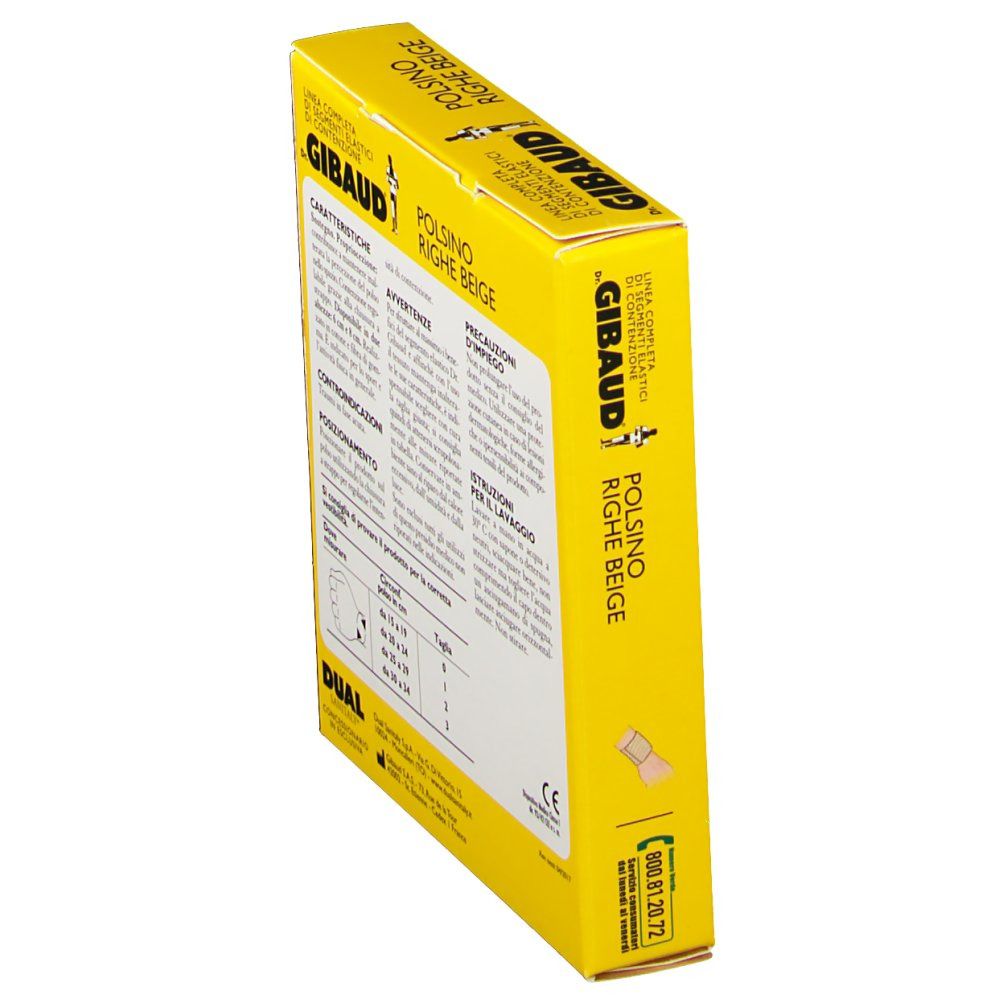 Gelbe Verpackung, schräg gestellt. Textinformationen. Aufschrift: Dr. GIBAUD Polsino Righe Beige. CE-Kennzeichnung.