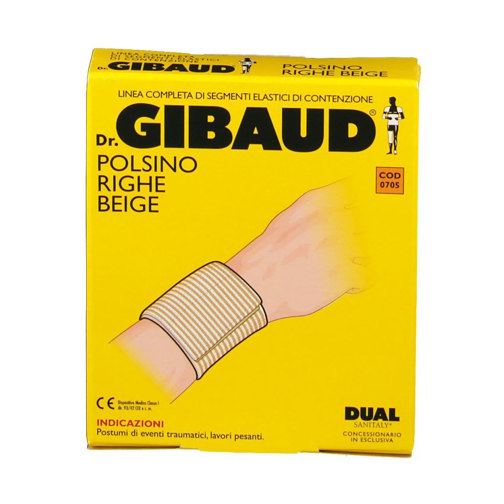 Gelbe Verpackung mit Produktabbildung. Aufschrift: Dr. GIBAUD Polsino Righe Beige. Beige Handgelenkbandage abgebildet.