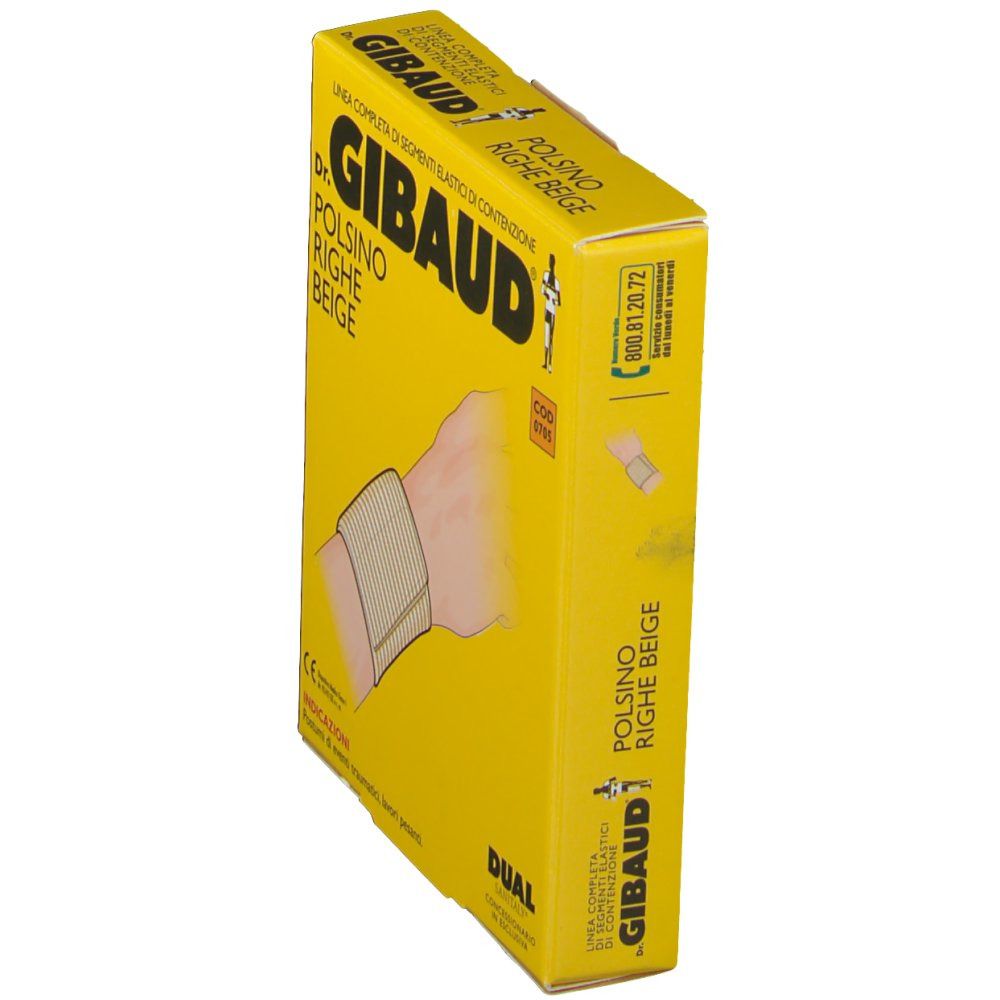 Gelbe Verpackung, Seitenansicht. Aufschrift: Dr. GIBAUD Polsino Righe Beige. Produktabbildung auf der Seite.
