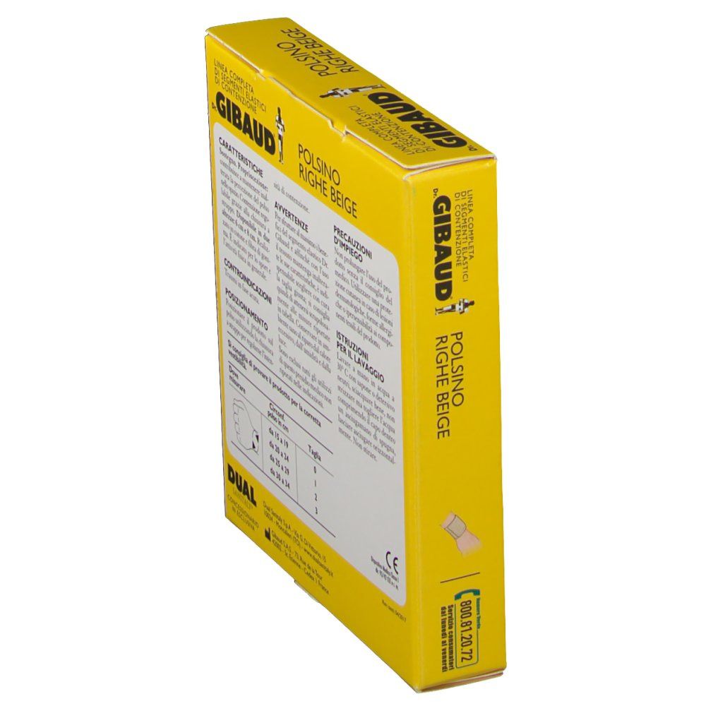 Gelbe Verpackung, Seitenansicht. Textinformationen. Aufschrift: Dr. GIBAUD Polsino Righe Beige. Telefonnummer.