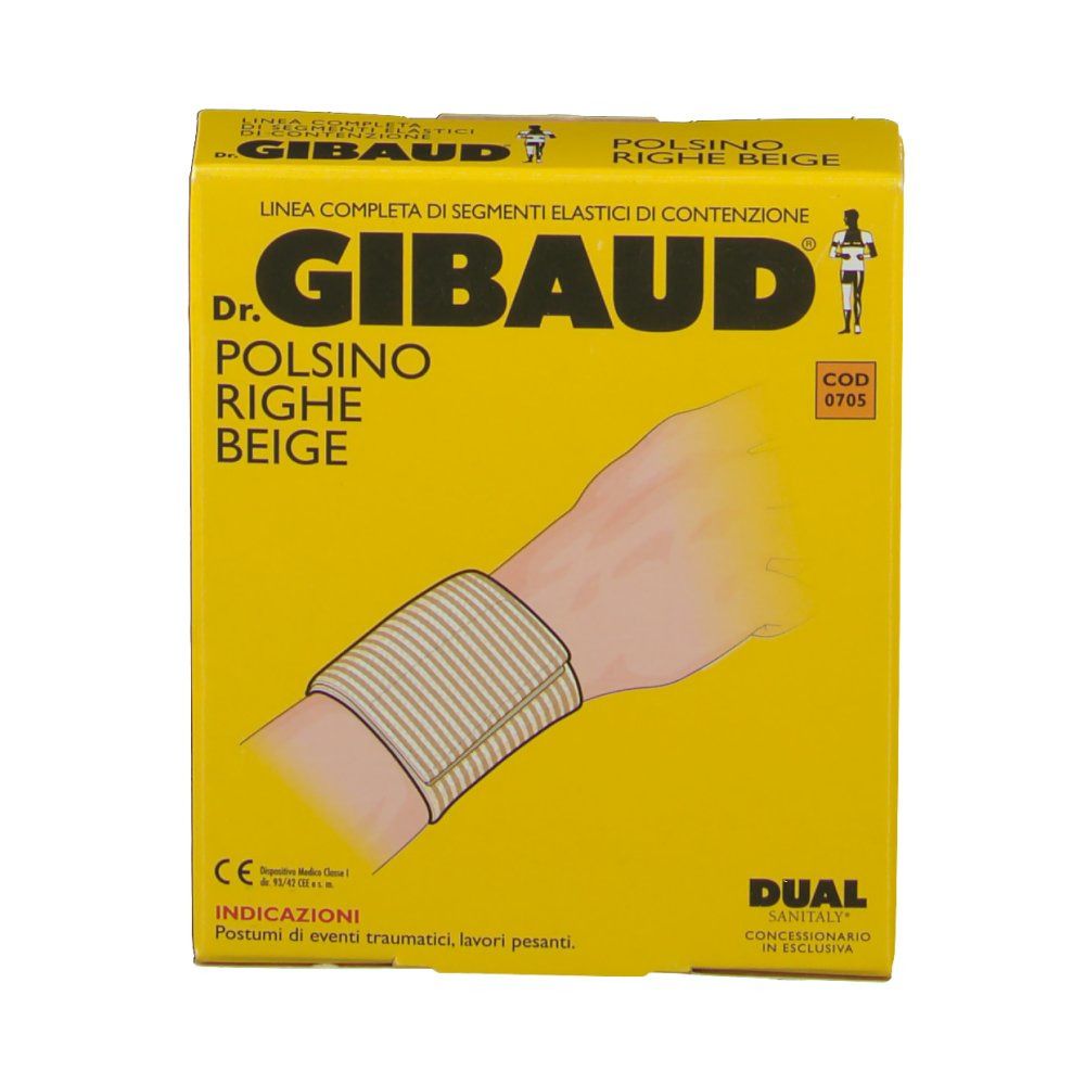 Gelbe Verpackung mit Produktabbildung. Aufschrift: Dr. GIBAUD Polsino Righe Beige. Beige Handgelenkbandage auf Arm abgebildet.