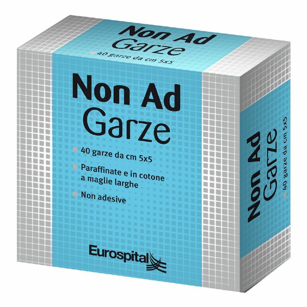 Scatola di Non Ad Garze. Confezione blu e bianca con nome e logo del prodotto. 40 garze 5x5 cm.