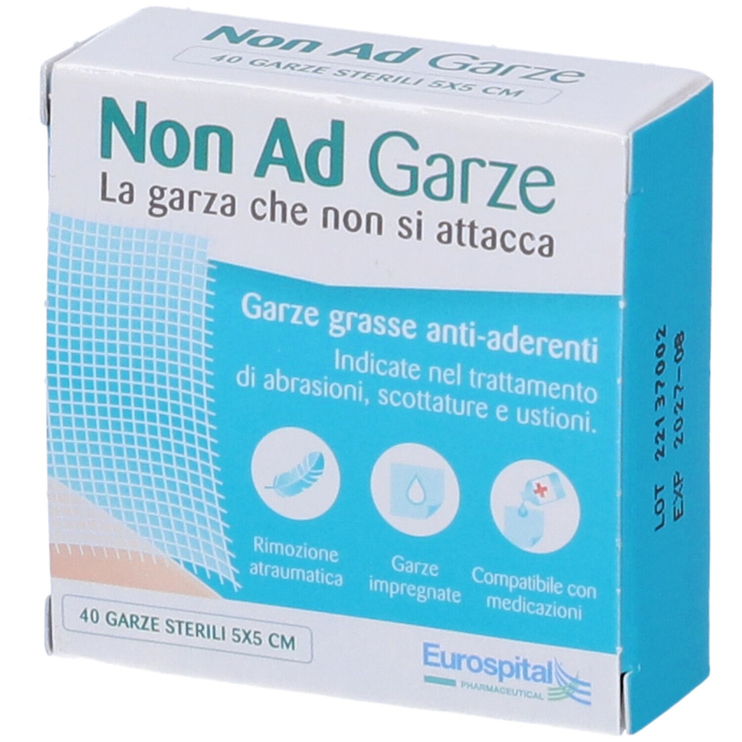 Scatola di Non Ad Garze. Scatola bianca con nome e descrizione del prodotto. 40 garze sterili 5x5 cm.
