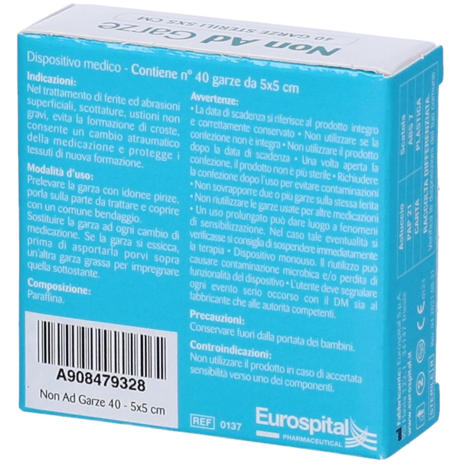 Scatola di Non Ad Garze. Scatola bianca con informazioni sul prodotto. 40 garze sterili 5x5 cm.