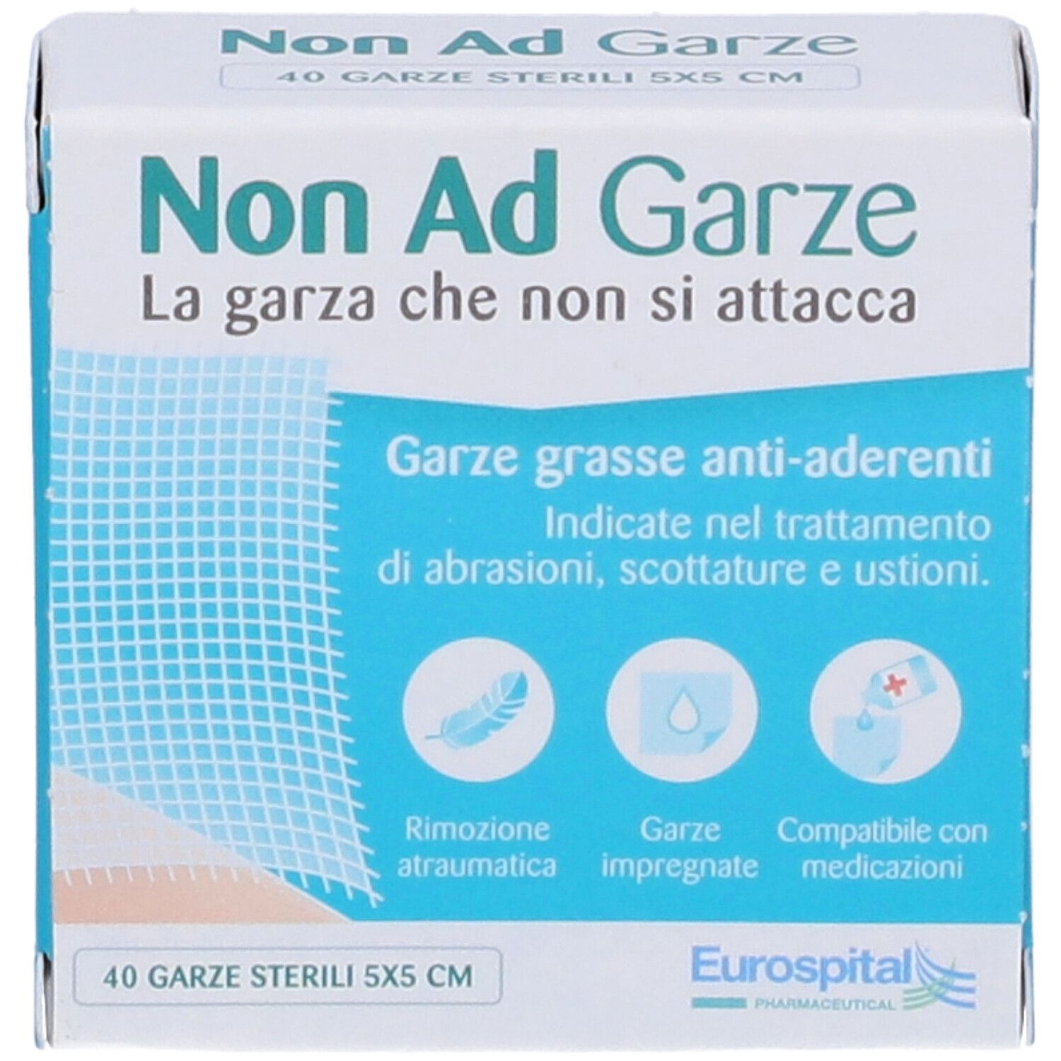 Scatola di Non Ad Garze. Scatola bianca con nome e descrizione del prodotto. 40 garze sterili 5x5 cm.