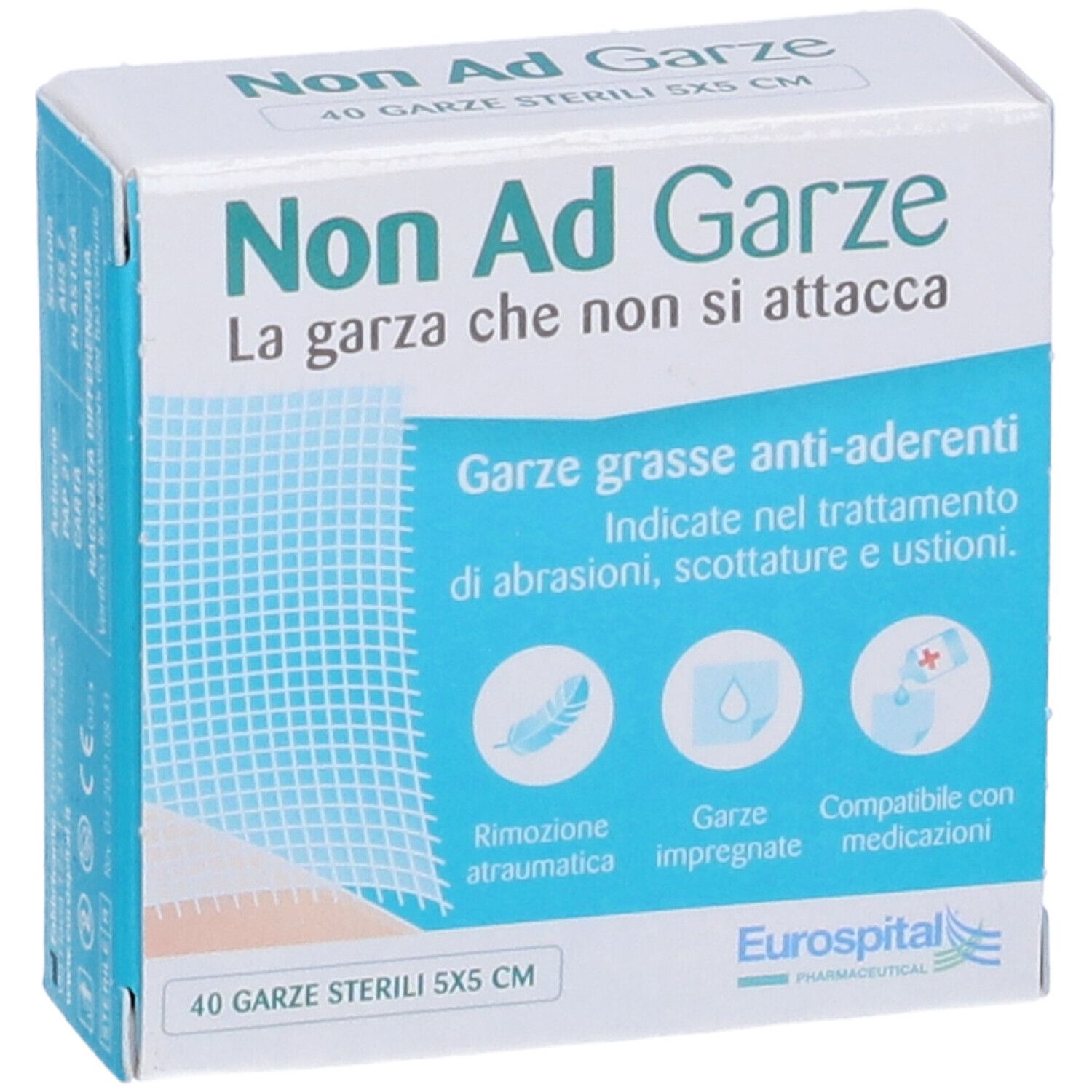 Scatola di Non Ad Garze. Scatola bianca con nome e descrizione del prodotto. 40 garze sterili 5x5 cm.