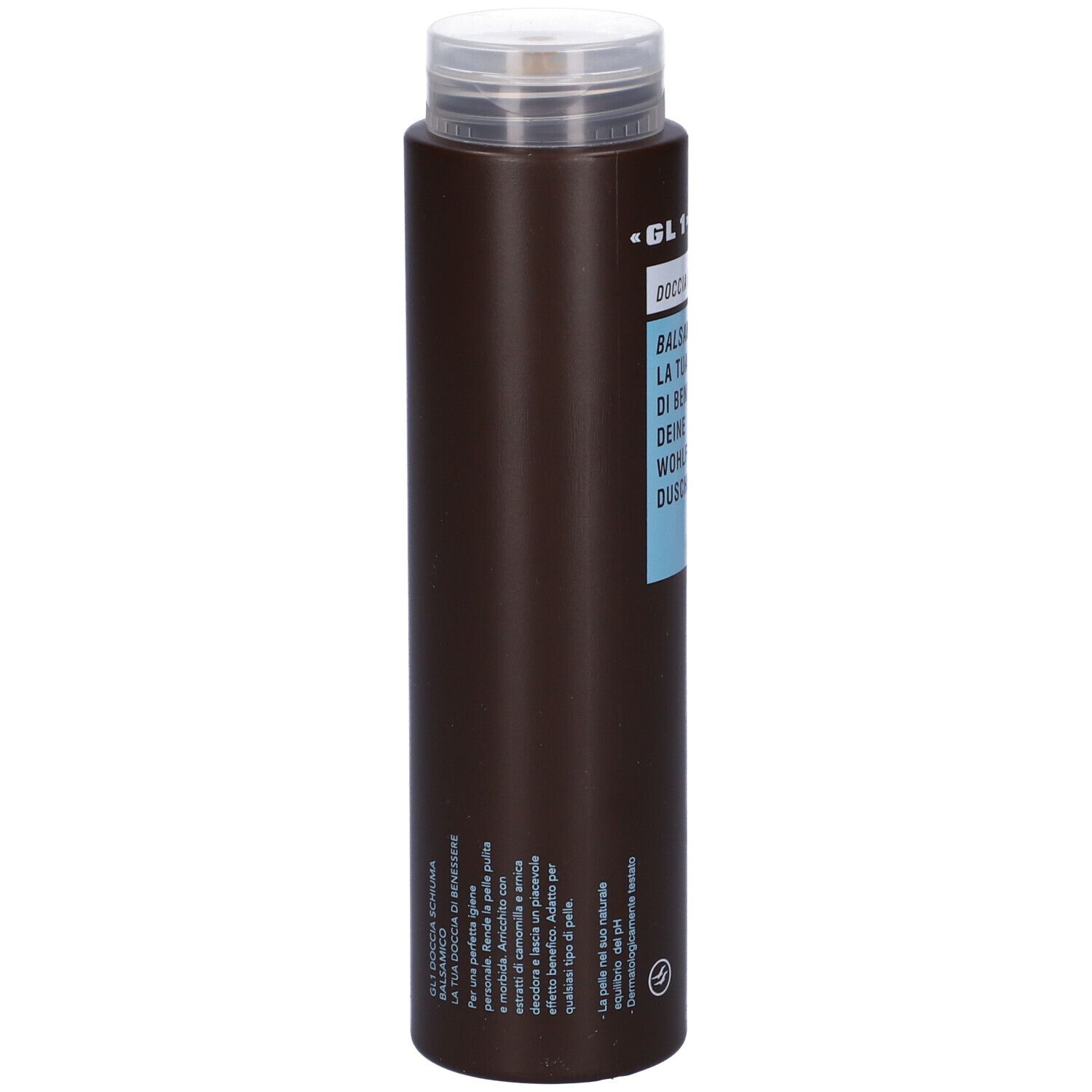 Flacone marrone con tappo bianco. Scritta: GL1, Balsamico, La tua doccia di benessere, Deine Wohlfühl-Dusche. Prodotto.