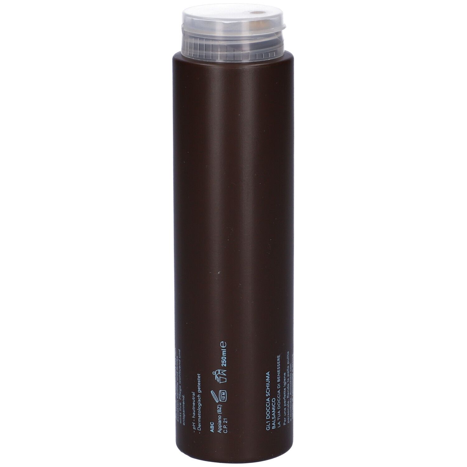 Flacone marrone con tappo bianco. Scritta: GL1, Balsamico, La tua doccia di benessere, Deine Wohlfühl-Dusche. Prodotto.