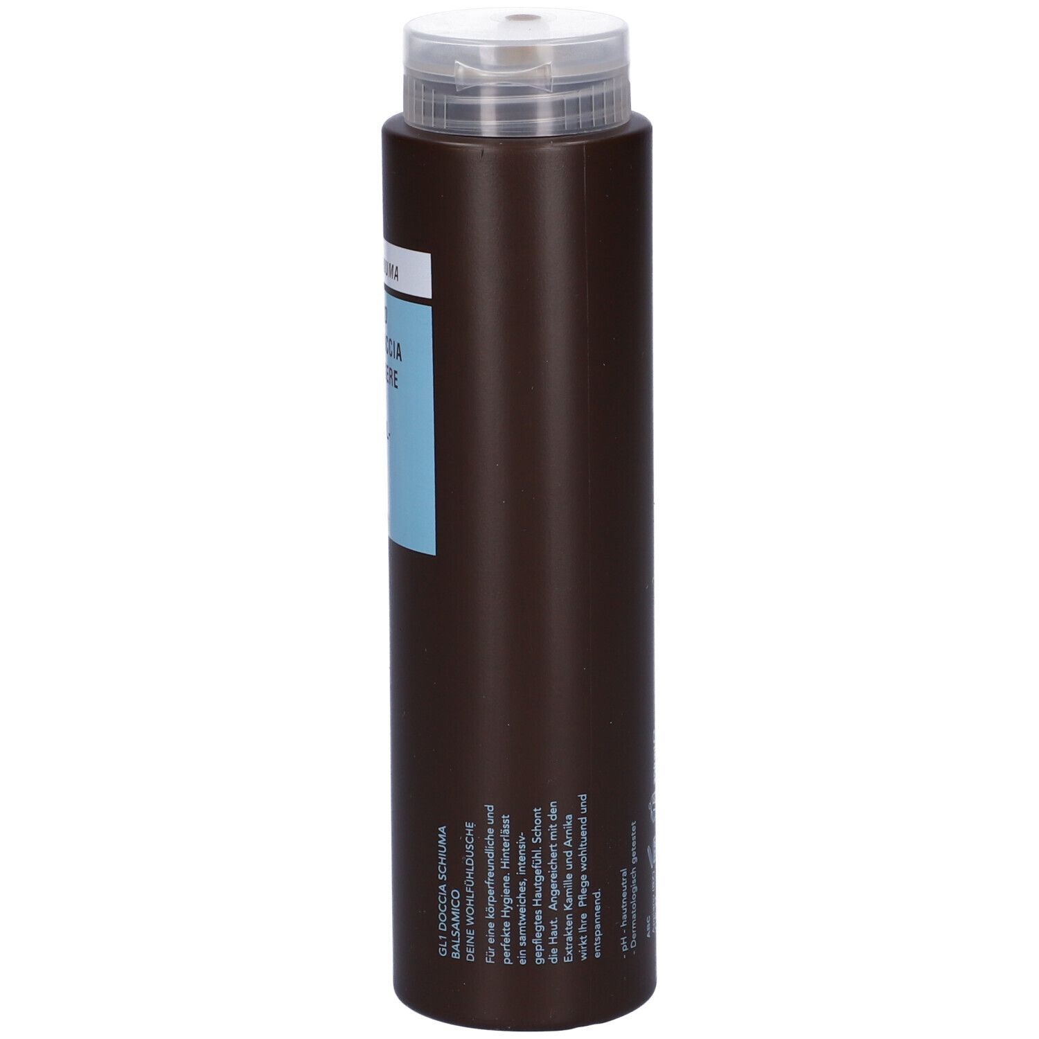 Flacone marrone con tappo bianco. Scritta: GL1, Balsamico, La tua doccia di benessere, Deine Wohlfühl-Dusche. Prodotto.