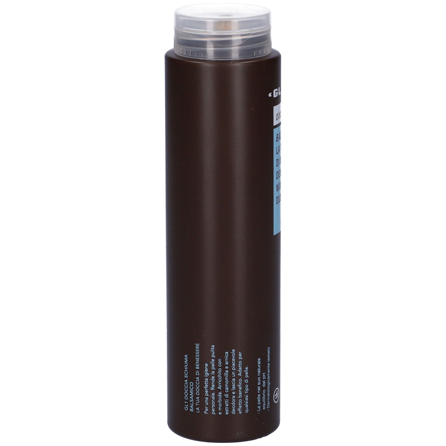 Flacone marrone con tappo bianco. Scritta: GL1, Balsamico, La tua doccia di benessere, Deine Wohlfühl-Dusche. Prodotto.