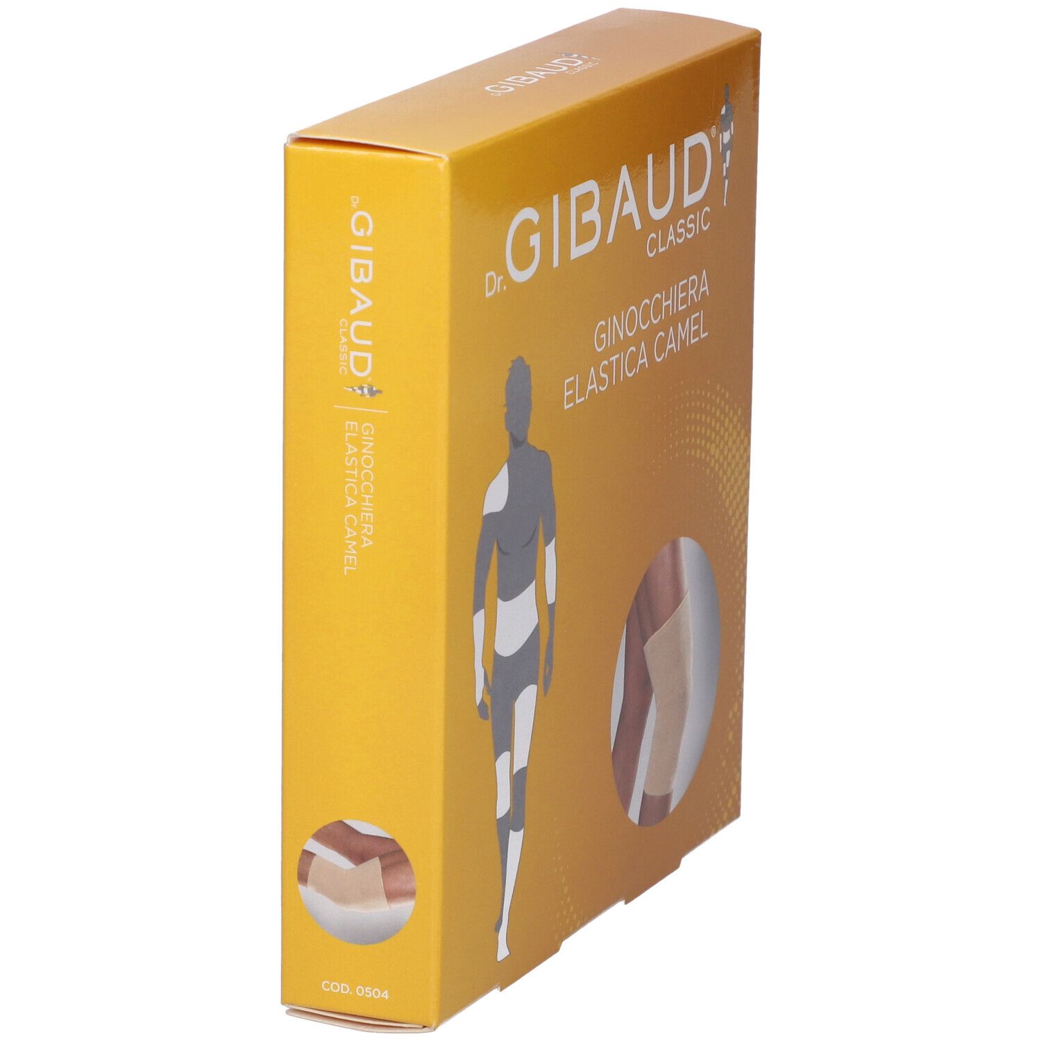 Verpackung der Ginocchiera Sportiva Gibaud Camel, Seitenansicht. Aufdruck: Dr. Gibaud Classic, Ginocchiera Elastica Camel. Produktabbildung.