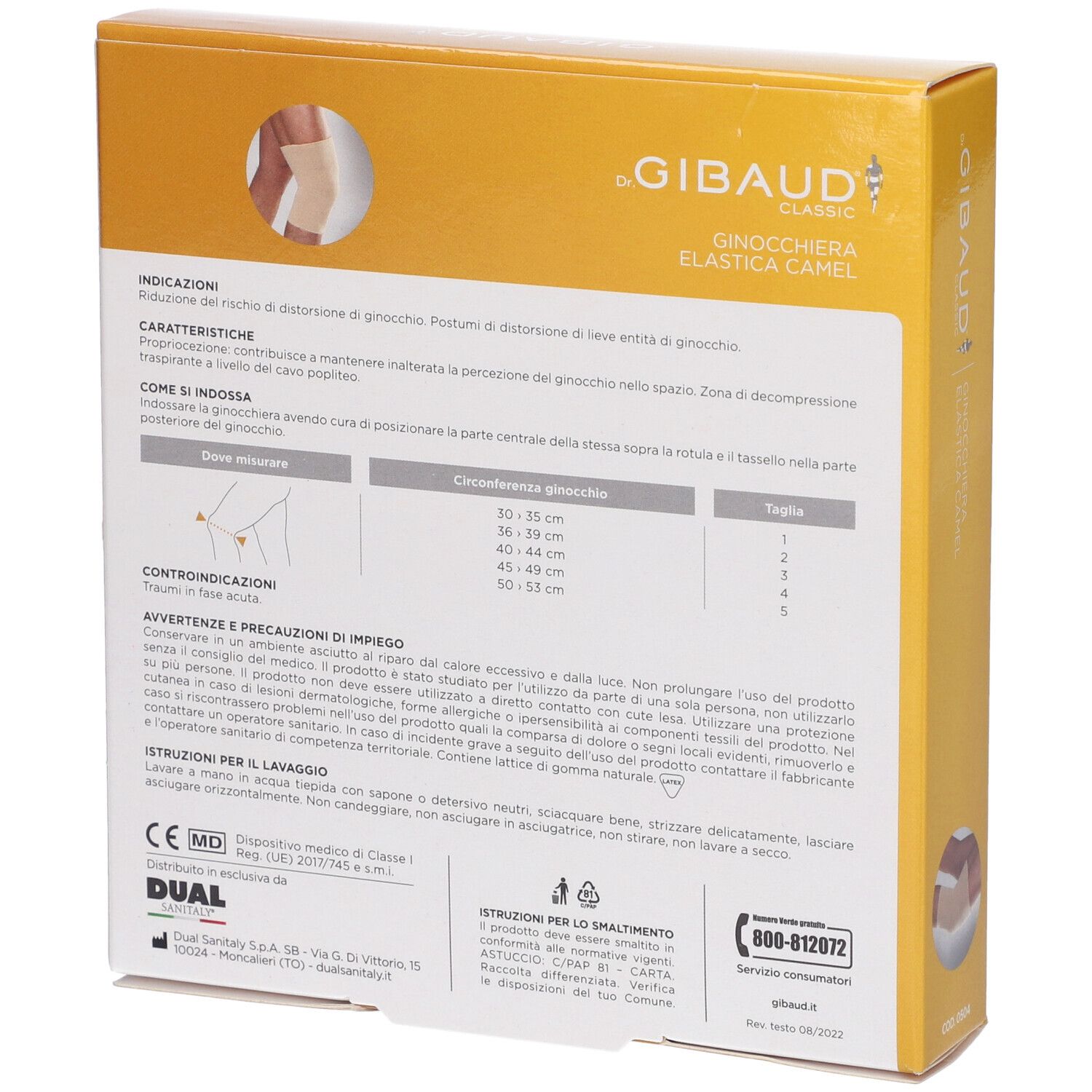 Rückseite der Verpackung der Ginocchiera Sportiva Gibaud Camel. Text in italienischer Sprache. Größenangaben und Vorsichtsmaßnahmen.