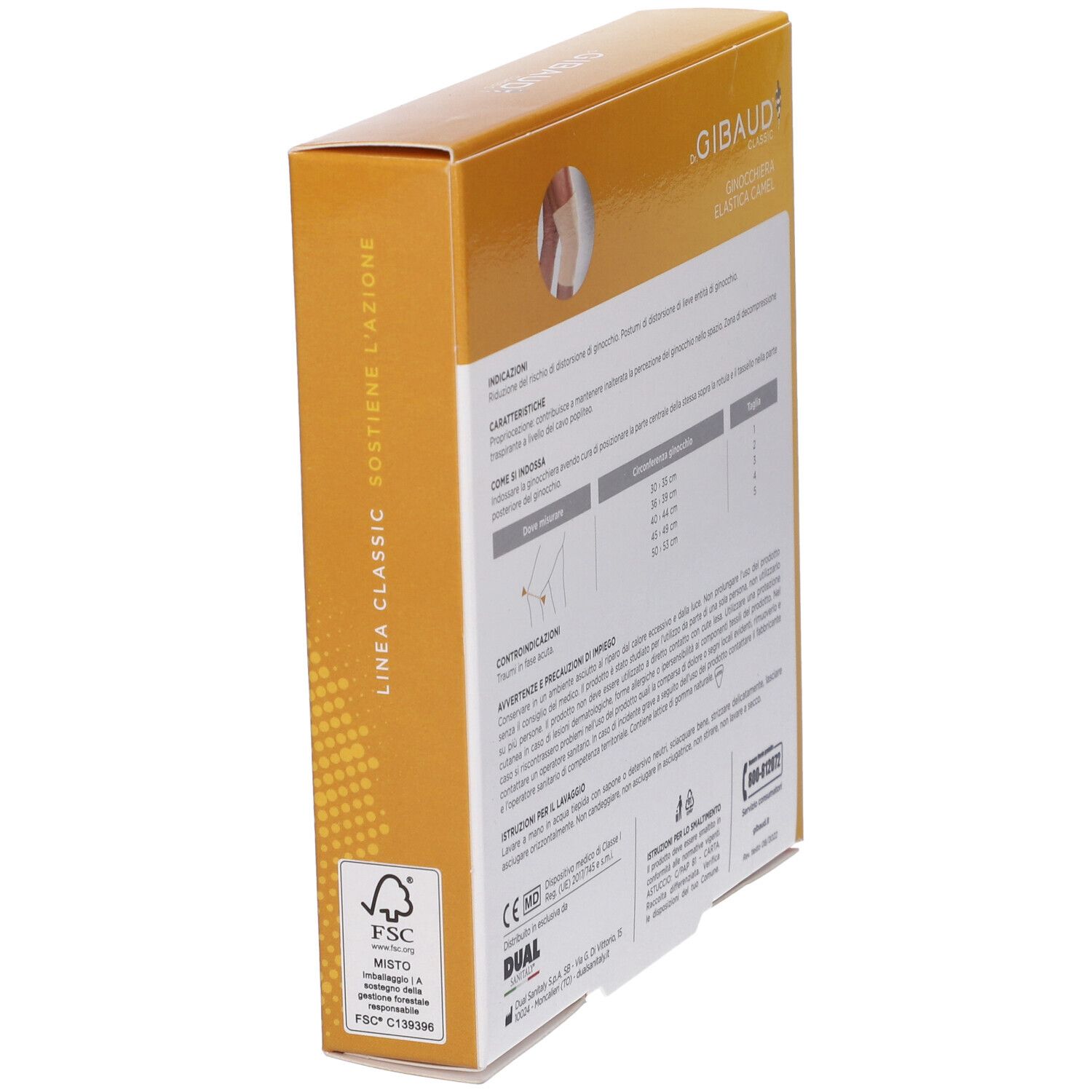Seitenansicht der Verpackung der Ginocchiera Sportiva Gibaud Camel. Text in italienischer Sprache. FSC-Logo und CE-Kennzeichnung.