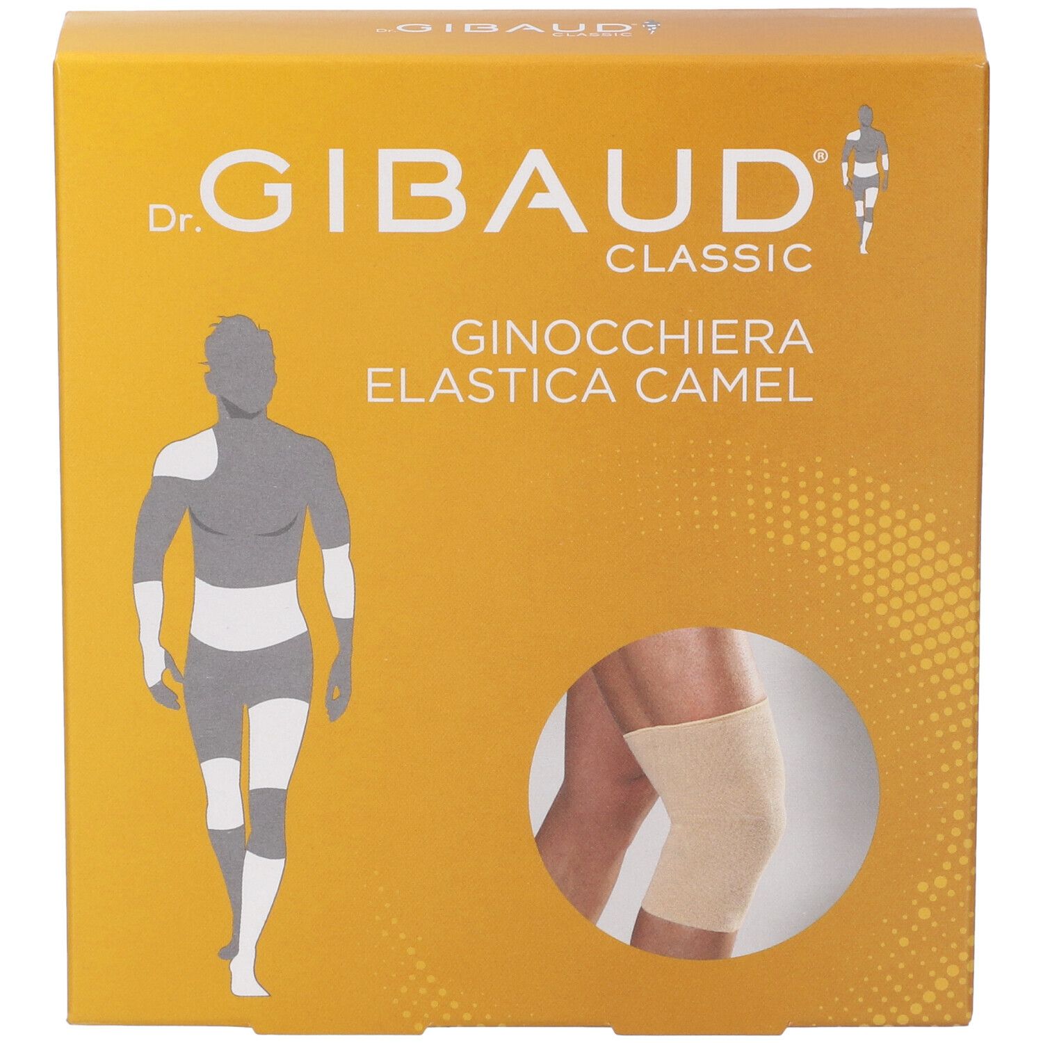 Vorderseite der Verpackung der Ginocchiera Sportiva Gibaud Camel. Aufdruck: Dr. Gibaud Classic, Ginocchiera Elastica Camel. Produktabbildung.