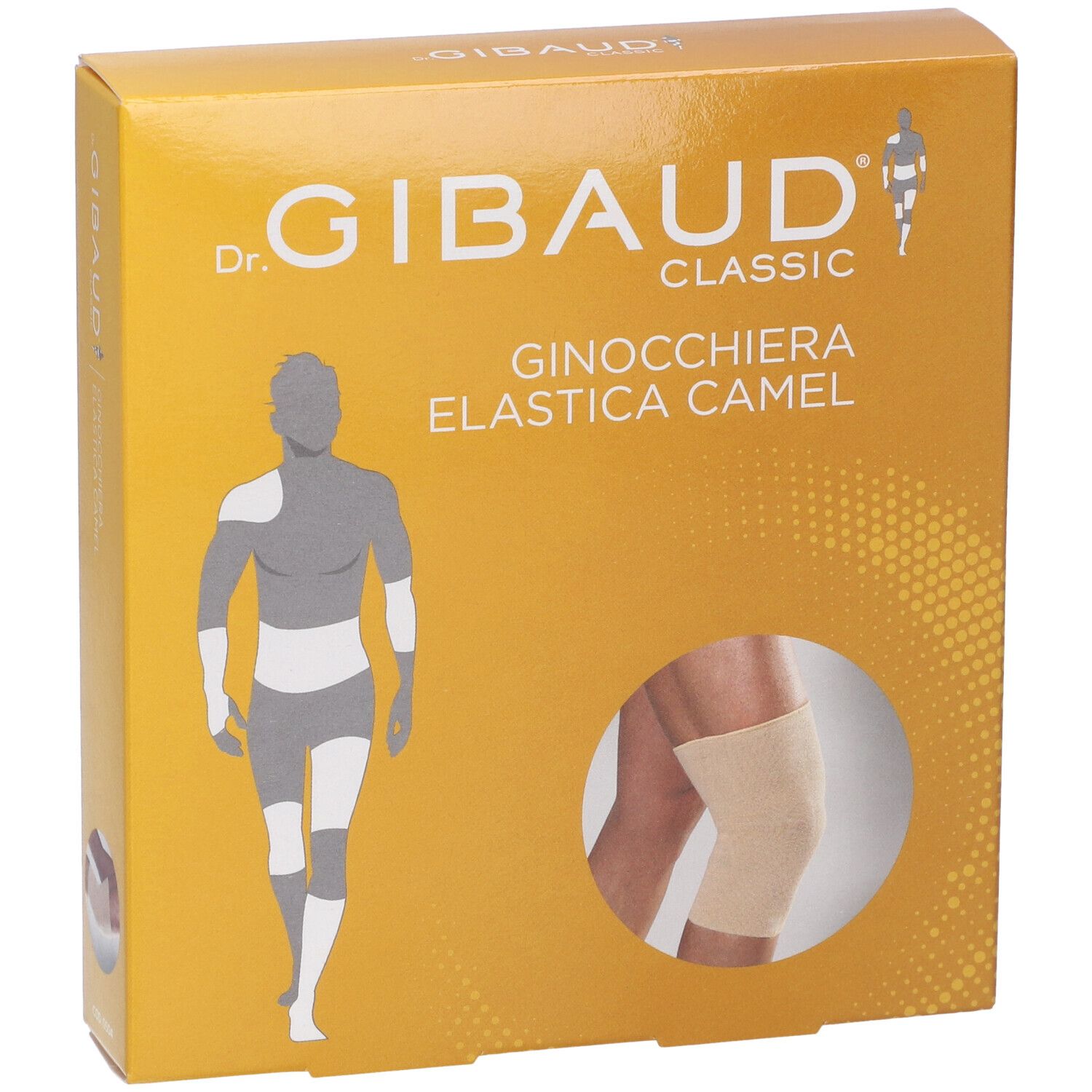 Vorderseite der Verpackung der Ginocchiera Sportiva Gibaud Camel. Aufdruck: Dr. Gibaud Classic, Ginocchiera Elastica Camel. Produktabbildung.