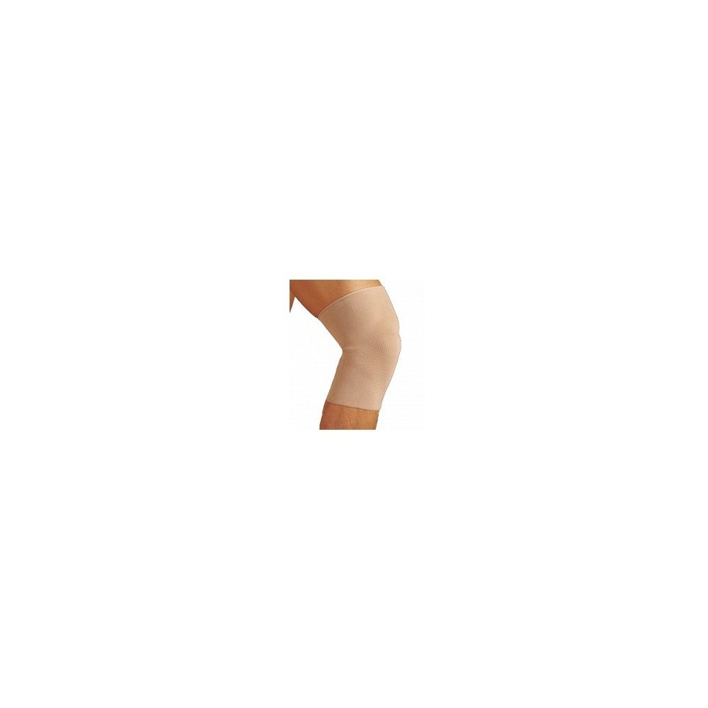 Beige Kniebandage aus elastischem Material, die auf einem Bein getragen wird.