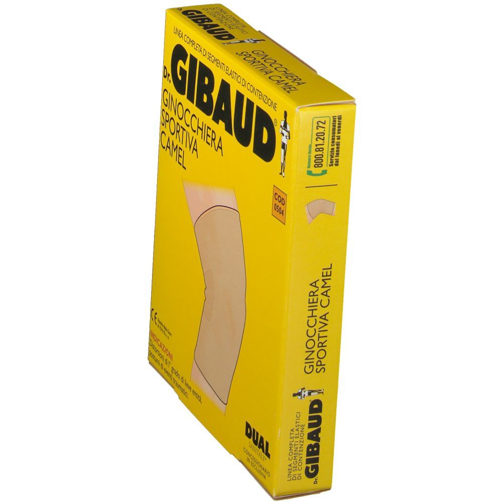 Gelbe Verpackung, Seitenansicht. Aufschrift: Dr. GIBAUD Ginocchiera Sportiva Camel. Produktabbildung.
