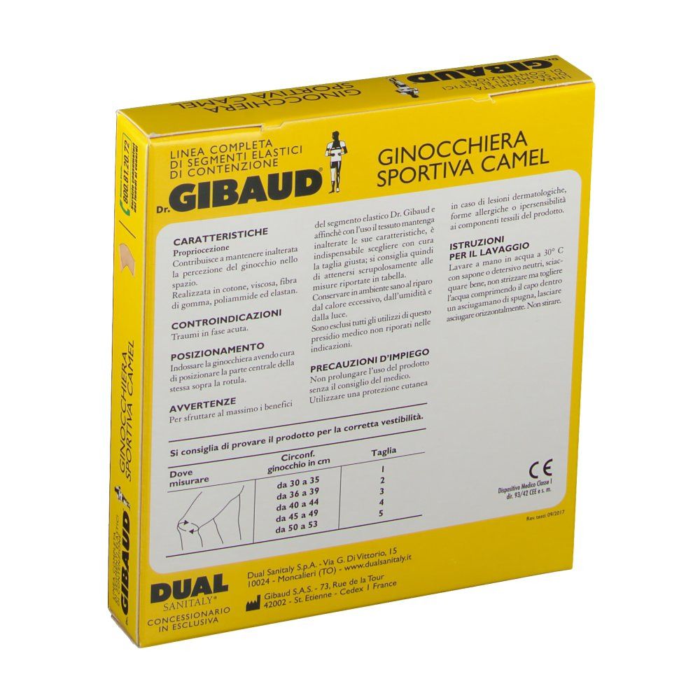Gelbe Verpackung, Rückseite. Textinformationen, Größentabelle. CE-Kennzeichnung.