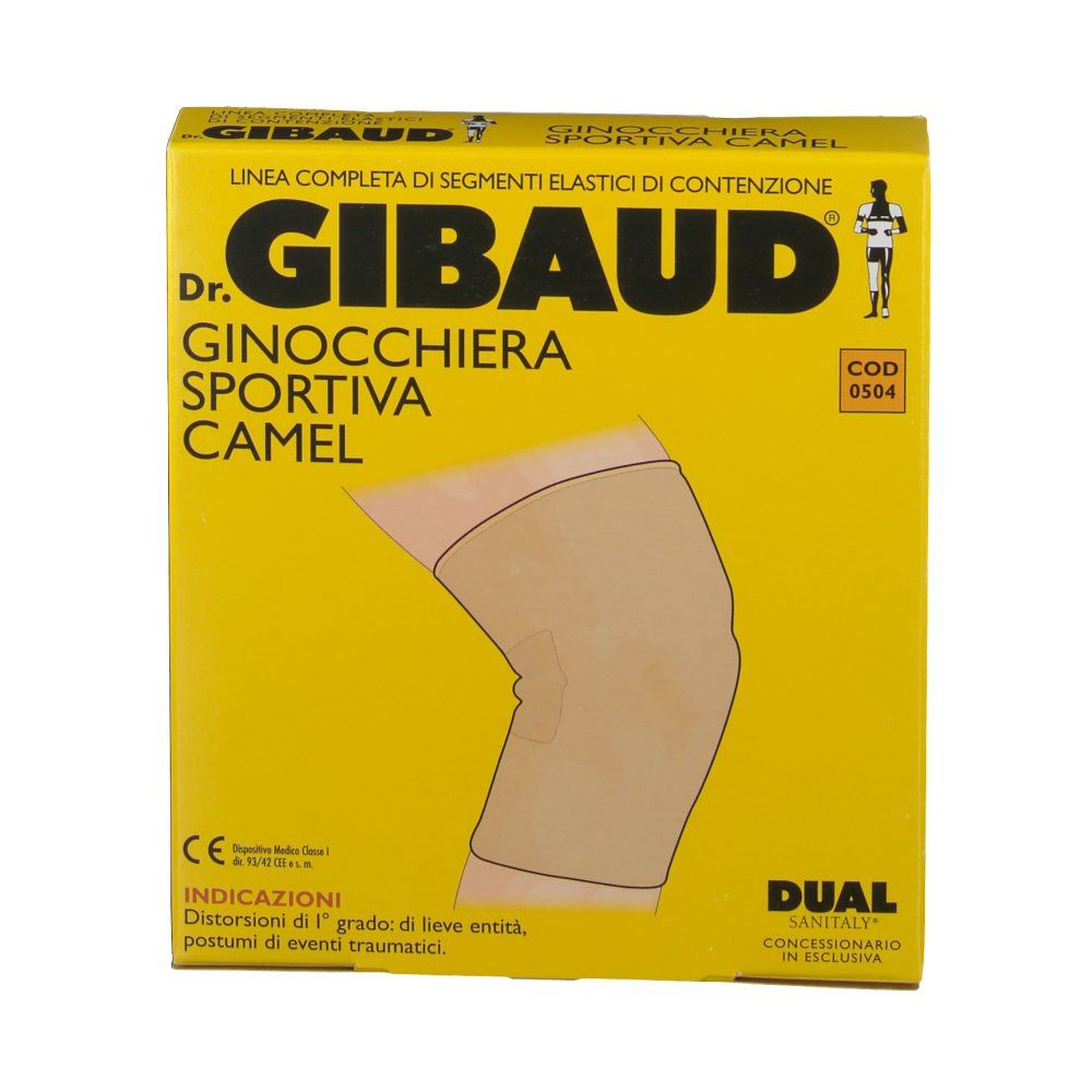 Gelbe Verpackung mit Produktabbildung. Aufschrift: Dr. GIBAUD Ginocchiera Sportiva Camel. CE-Kennzeichnung.