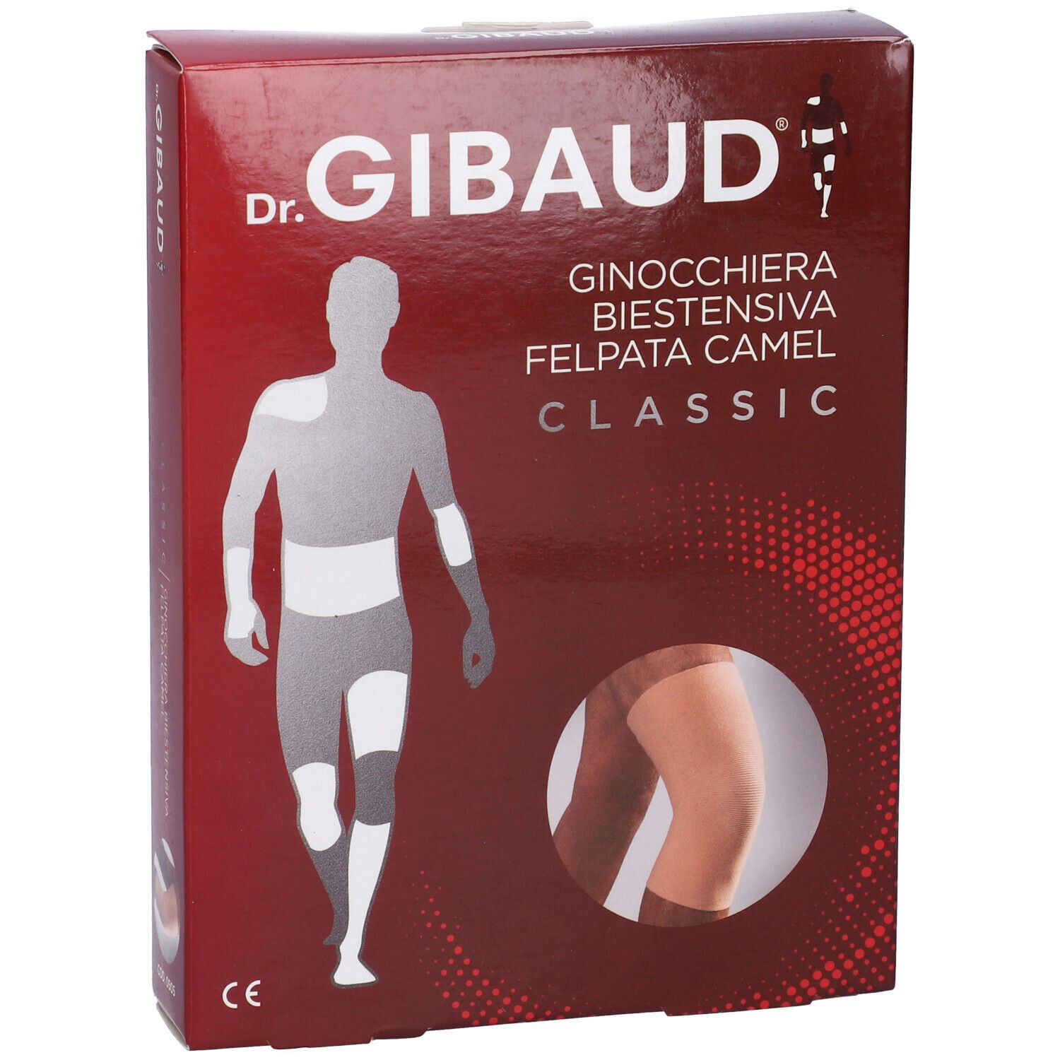 Confezione ginocchiera Gibaud. Scritta: Ginocchiera Biestensiva Felpata Camel Classic. Immagine del ginocchio.