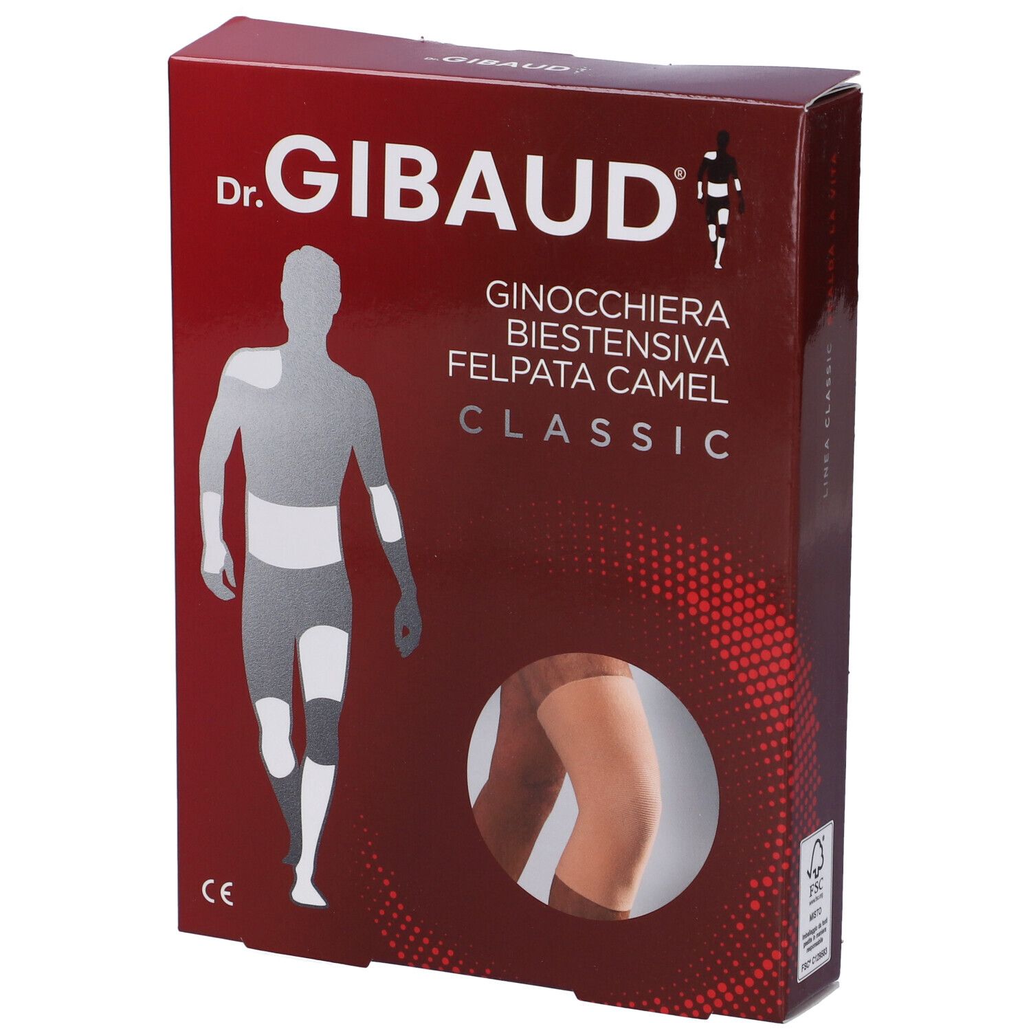 Confezione di Ginocchiera Gibaud Biestensiva Felpata Camel. Scatola rossa con immagine del prodotto e logo.