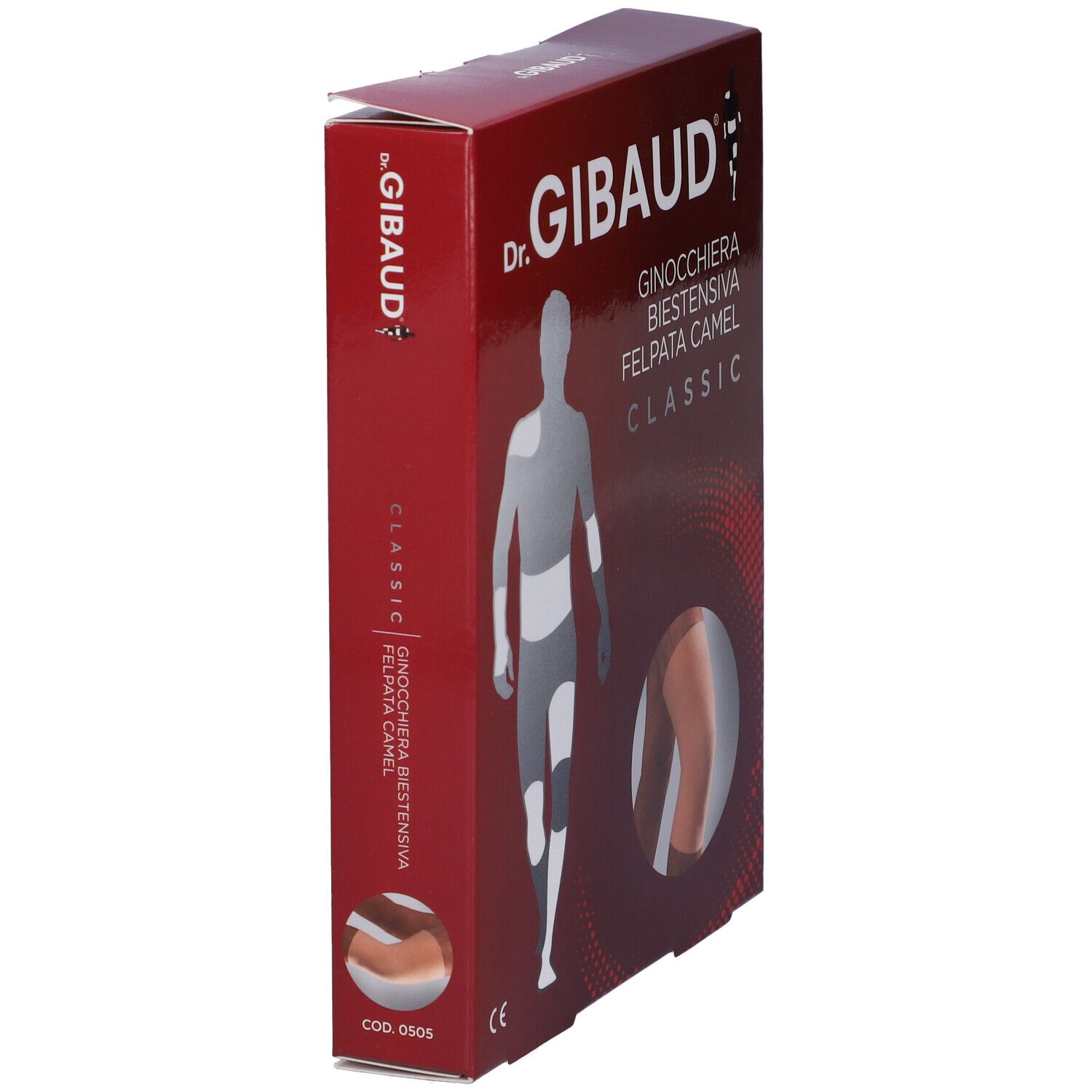 Confezione Ginocchiera Gibaud Biestensiva Felpata Camel. Scatola rossa, immagine prodotto, logo e nome prodotto.