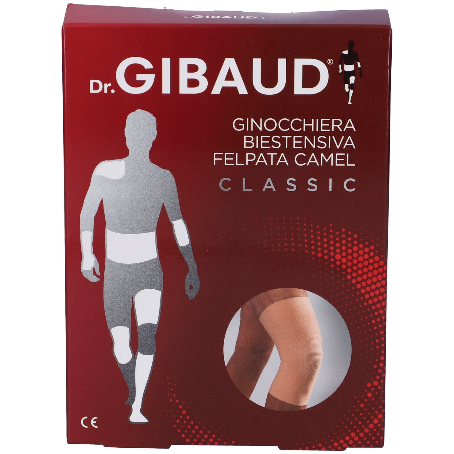 Confezione Ginocchiera Gibaud Biestensiva Felpata Camel. Scatola rossa con immagine del prodotto e logo.