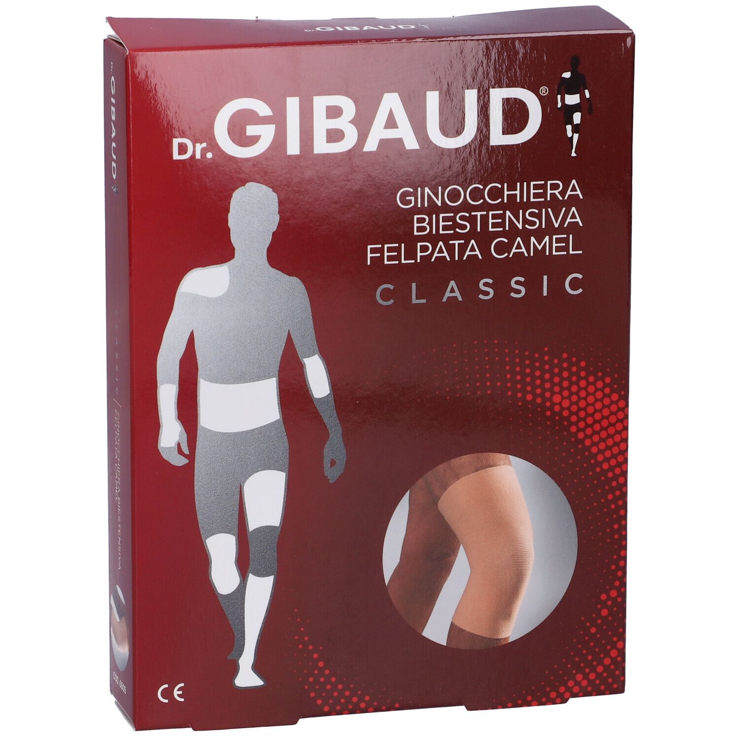 Confezione Ginocchiera Gibaud Biestensiva Felpata Camel. Scatola rossa con immagine del prodotto e logo.