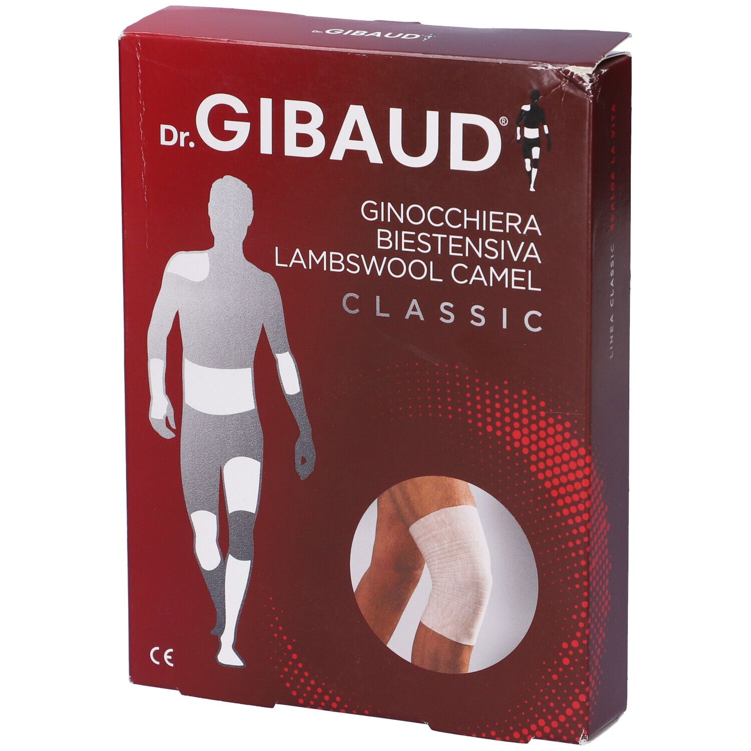 Confezione ginocchiera Dr. Gibaud. Scatola rossa con immagine e testo del prodotto.