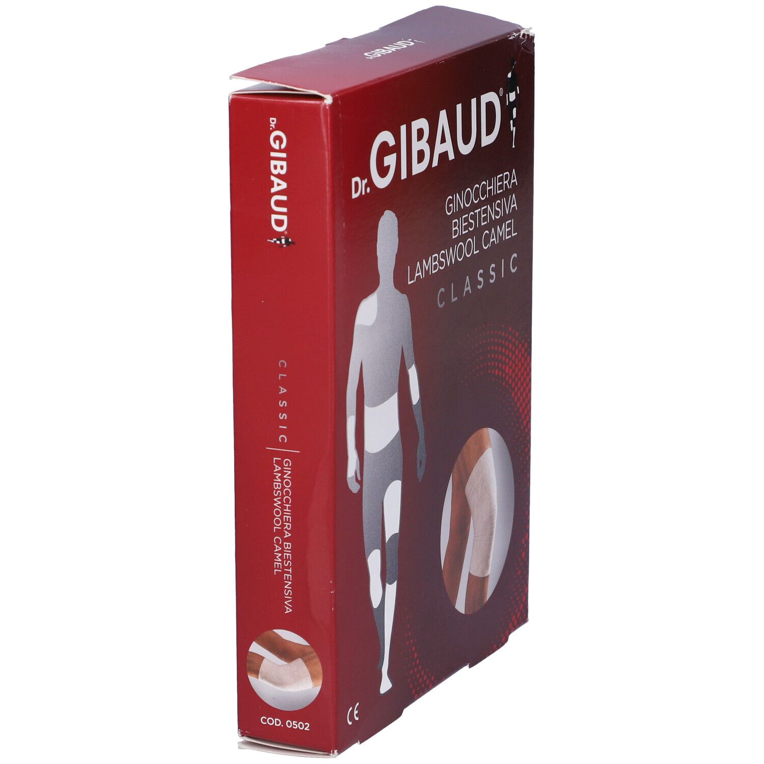 Scatola ginocchiera Dr. Gibaud. Confezione rossa con immagine e testo del prodotto.
