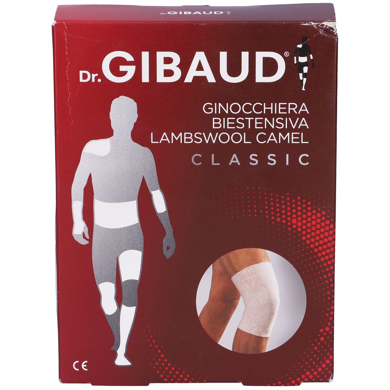 Confezione ginocchiera Dr. Gibaud. Scatola rossa con immagine e testo del prodotto.