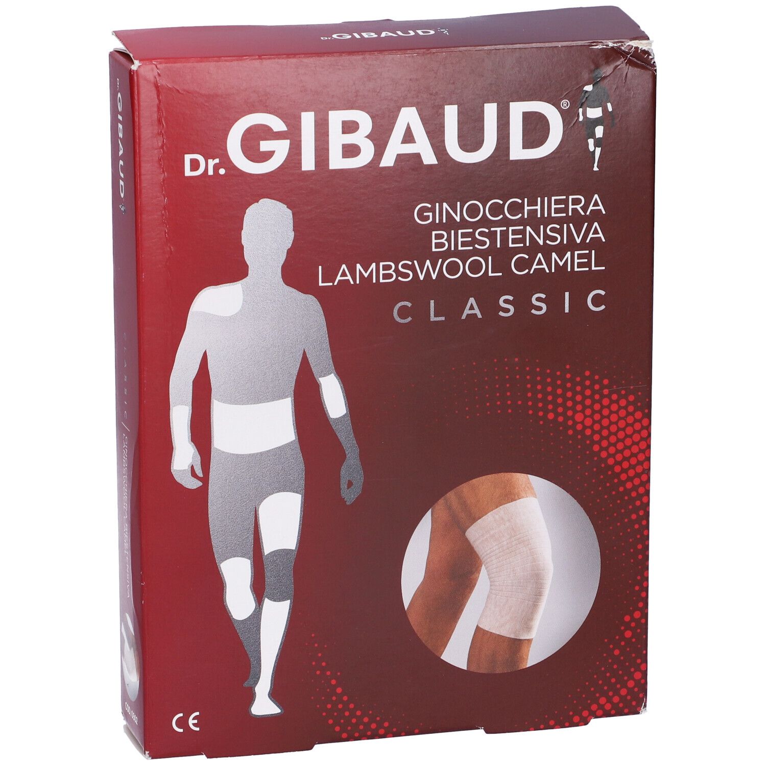 Confezione ginocchiera Dr. Gibaud. Scatola rossa con immagine e testo del prodotto.