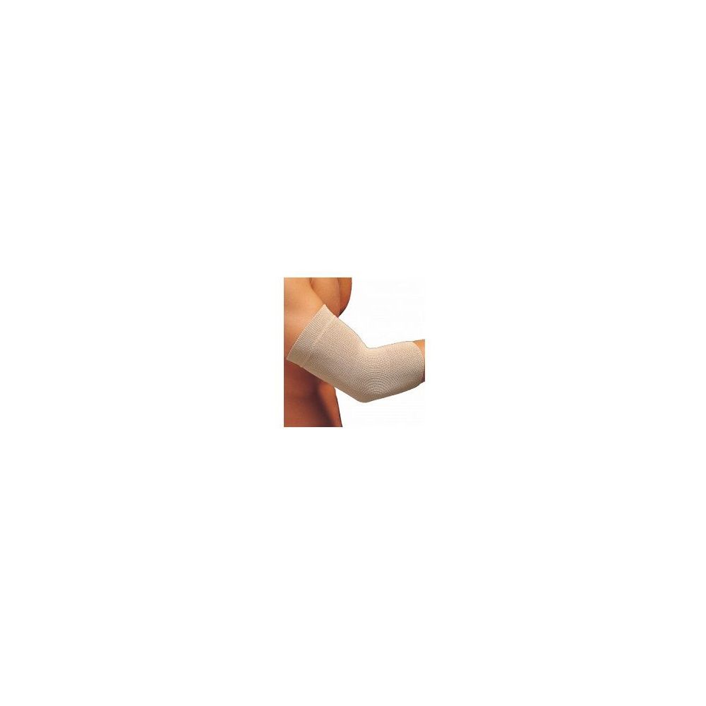 Bendaggio beige per gomito su braccio. Nome del prodotto non visibile.
