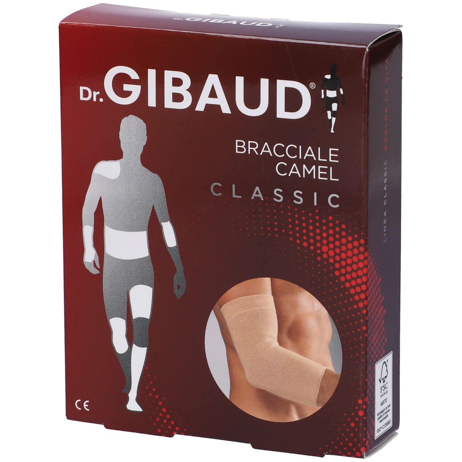 Confezione di Dr. Gibaud Bracciale Camel Classic. Bendaggio per gomito beige illustrato.