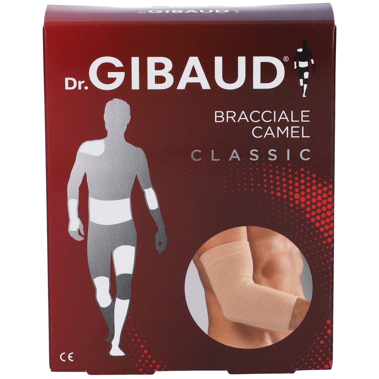 Confezione di Dr. Gibaud Bracciale Camel Classic. Bendaggio per gomito beige illustrato.